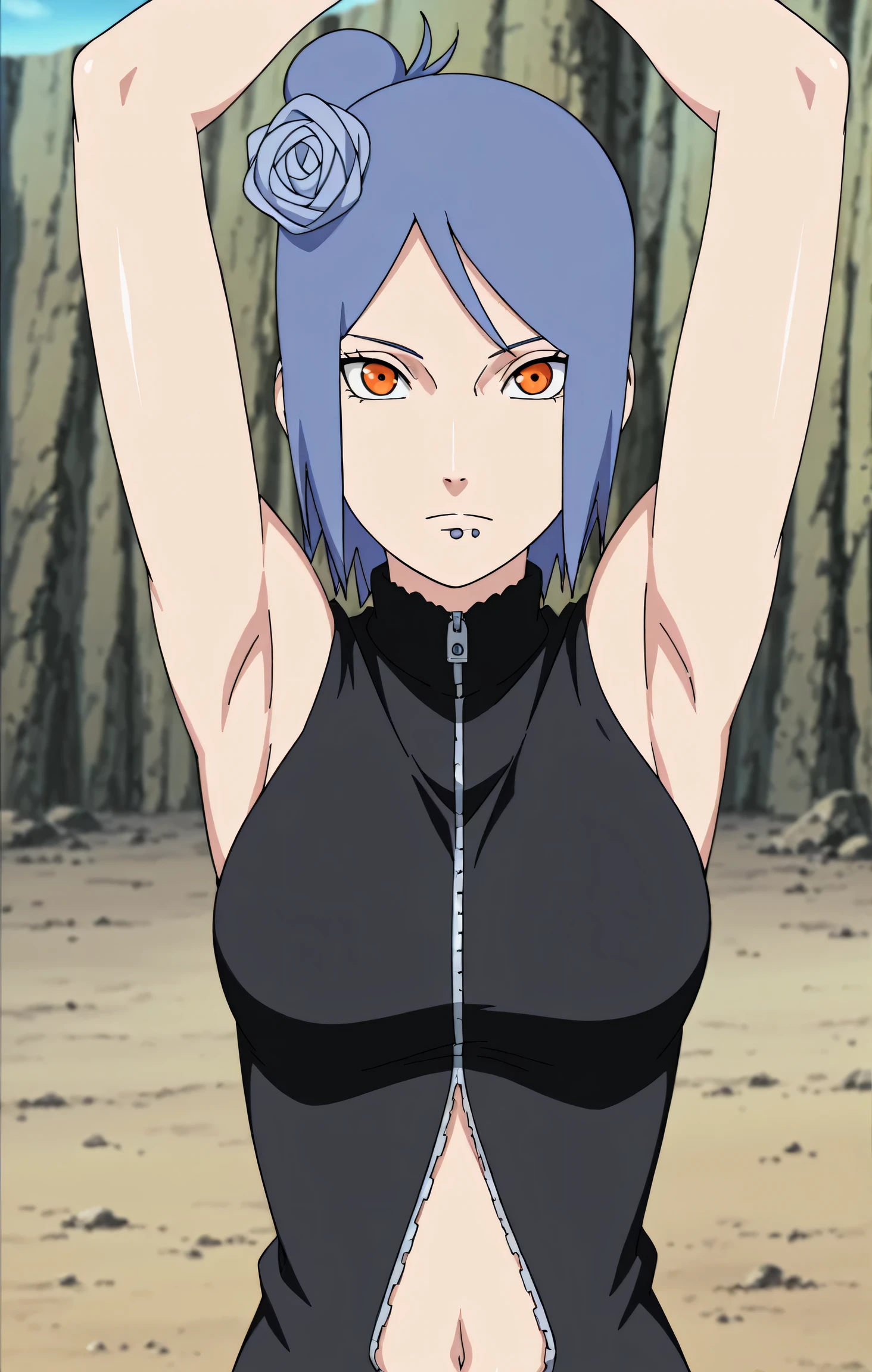 masterpiece, best quality, amazing quality, anime screencap, anime coloring, 1girl, solo, konan, blue hair, single hair bun, orange eyes, hair flower, lip piercing, medium breasts, black bodysuit, navel opening, zipper, skindentation, sleeveless, bare shoulders, bare arms, arms up, raised arms, armpits, armpits focus, head towards viewer, looking at viewer, direct eye contact, expressionless, closed mouth, outdoors, day