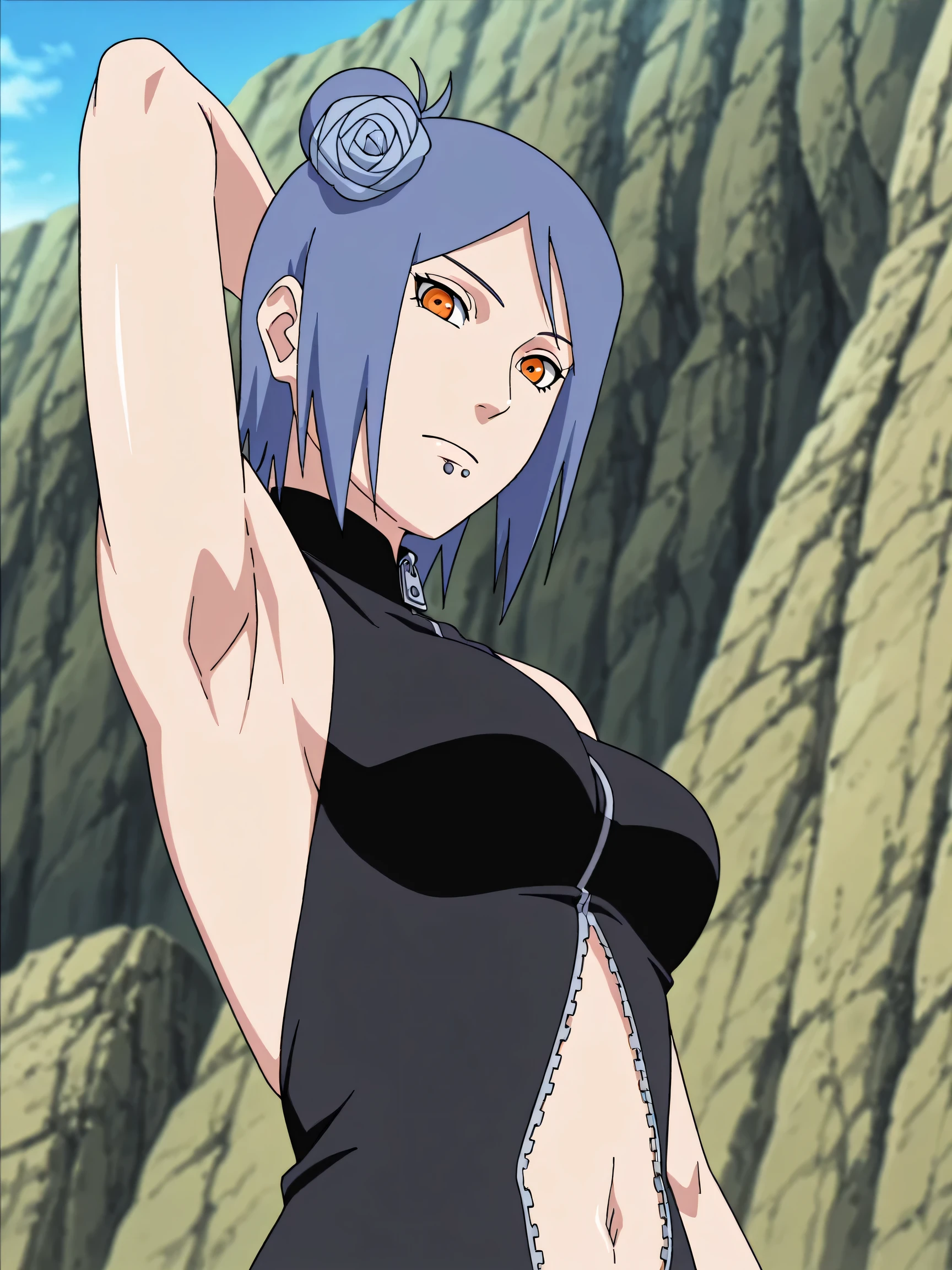 masterpiece, best quality, amazing quality, anime screencap, anime coloring, 1girl, solo, konan, blue hair, single hair bun, orange eyes, hair flower, lip piercing, medium breasts, black bodysuit, navel opening, zipper, skindentation, turtleneck, sleeveless, bare shoulders, bare arms, arm behind head, armpit, armpit focus, head towards viewer, looking at viewer, direct eye contact, expressionless, closed mouth, outdoors, day, from side, from below, backless