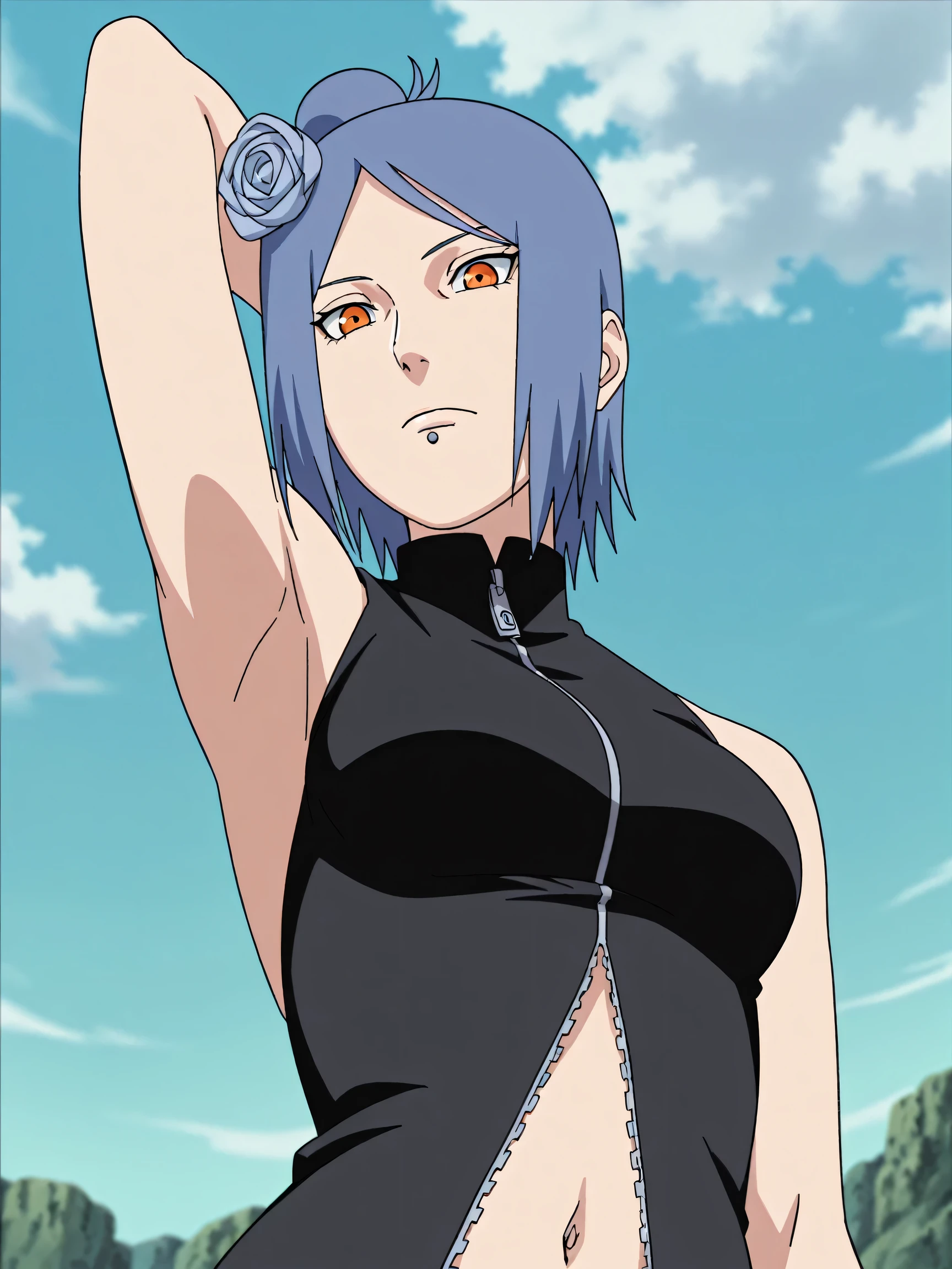masterpiece, best quality, amazing quality, anime screencap, anime coloring, 1girl, solo, konan, blue hair, single hair bun, orange eyes, hair flower, lip piercing, medium breasts, black bodysuit, navel opening, zipper, skindentation, turtleneck, sleeveless, bare shoulders, bare arms, arm behind head, armpit, armpit focus, head towards viewer, looking at viewer, direct eye contact, expressionless, closed mouth, outdoors, day, from side, from below, backless