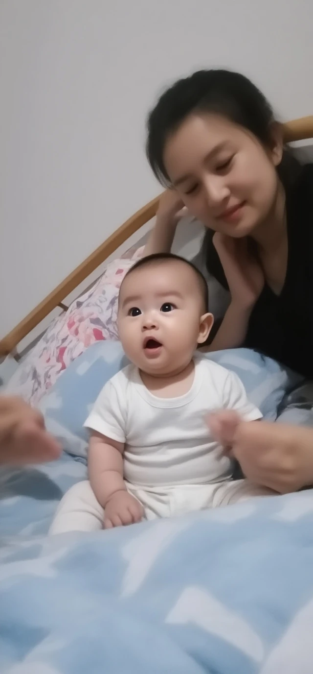 there is a baby laying on a bed with a blanket, she has a cute expressive face, crawling towards the camera, babies in her lap, sitting on her bed, she is laying on her back, she has a cute face, laying on her back, beautiful cute, lulu chen, smol, youtube video screenshot