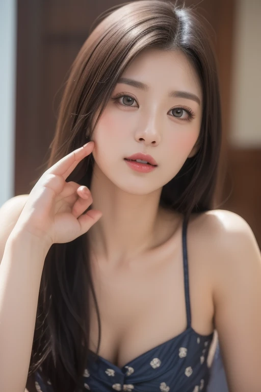 (RAW Photos), (Realistic), (masterpiece), (highest quality), High resolution, 8k, (Intricate details), (Volumetric Light), Portraiture, woman, Age 25, Medium Hair, Straight hair, Mid-chest, Accentuate your cleavage, Layered Hair, Brown Hair, Very beautiful eyes, Source order, Very thin eyebrows, Very fine skin, Very beautiful mouth, Very nice nose, Cute like an idol, smile, (Thick lips), (Looking at the audience), (black collared dress shirt), Above the knee shot,