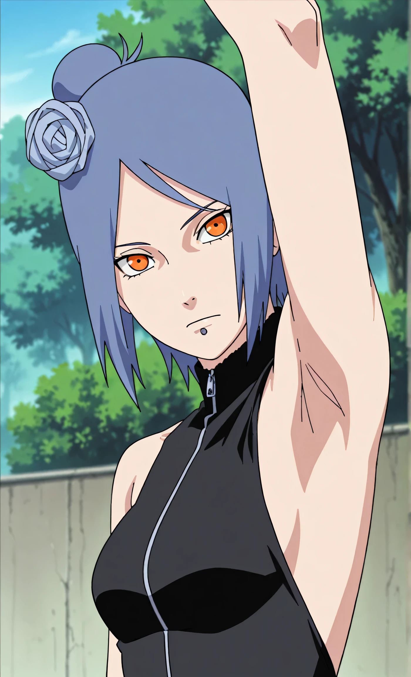 masterpiece, best quality, amazing quality, anime screencap, anime coloring, 1girl, solo, konan, skinny, blue hair, single hair bun, orange eyes, hair flower, lip piercing, medium breasts, black bodysuit, zipper, skindentation, turtleneck, sleeveless, bare shoulders, bare arms, arm up, raised arm, armpit, armpit focus, head towards viewer, looking at viewer, direct eye contact, expressionless, closed mouth, outdoors, day, backless