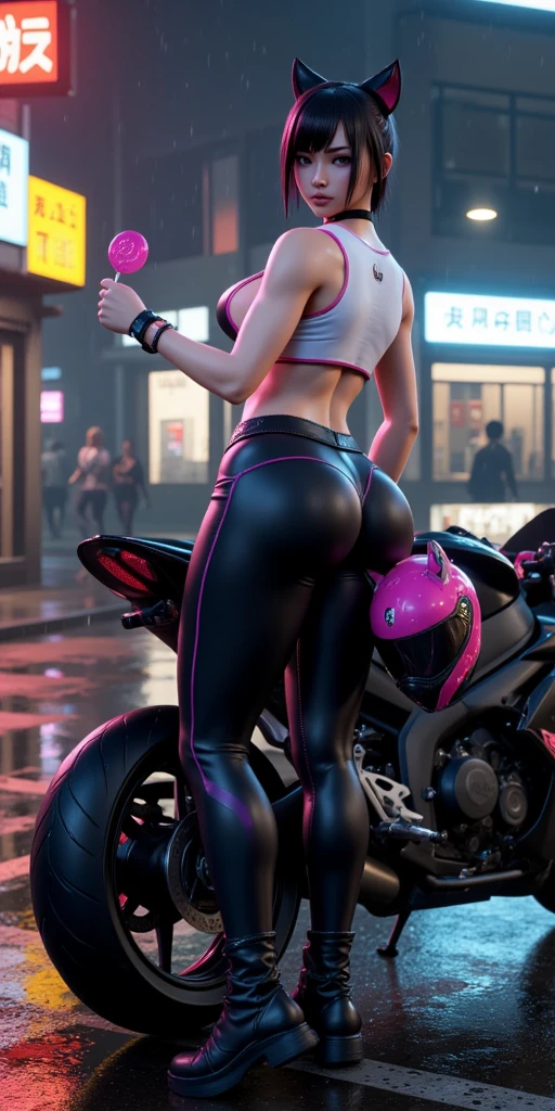 (masterpiece),(Highest quality:1.2),(Super detailed),(High resolution),(An illustration),8k,wallpaper,One female,A female event companion posing in front of a motorcycle,Beautiful ass reflecting the ass,Beautiful Skin,Functional,(look back),motor Show,leotard,High heels,(((hands))),(From the back)