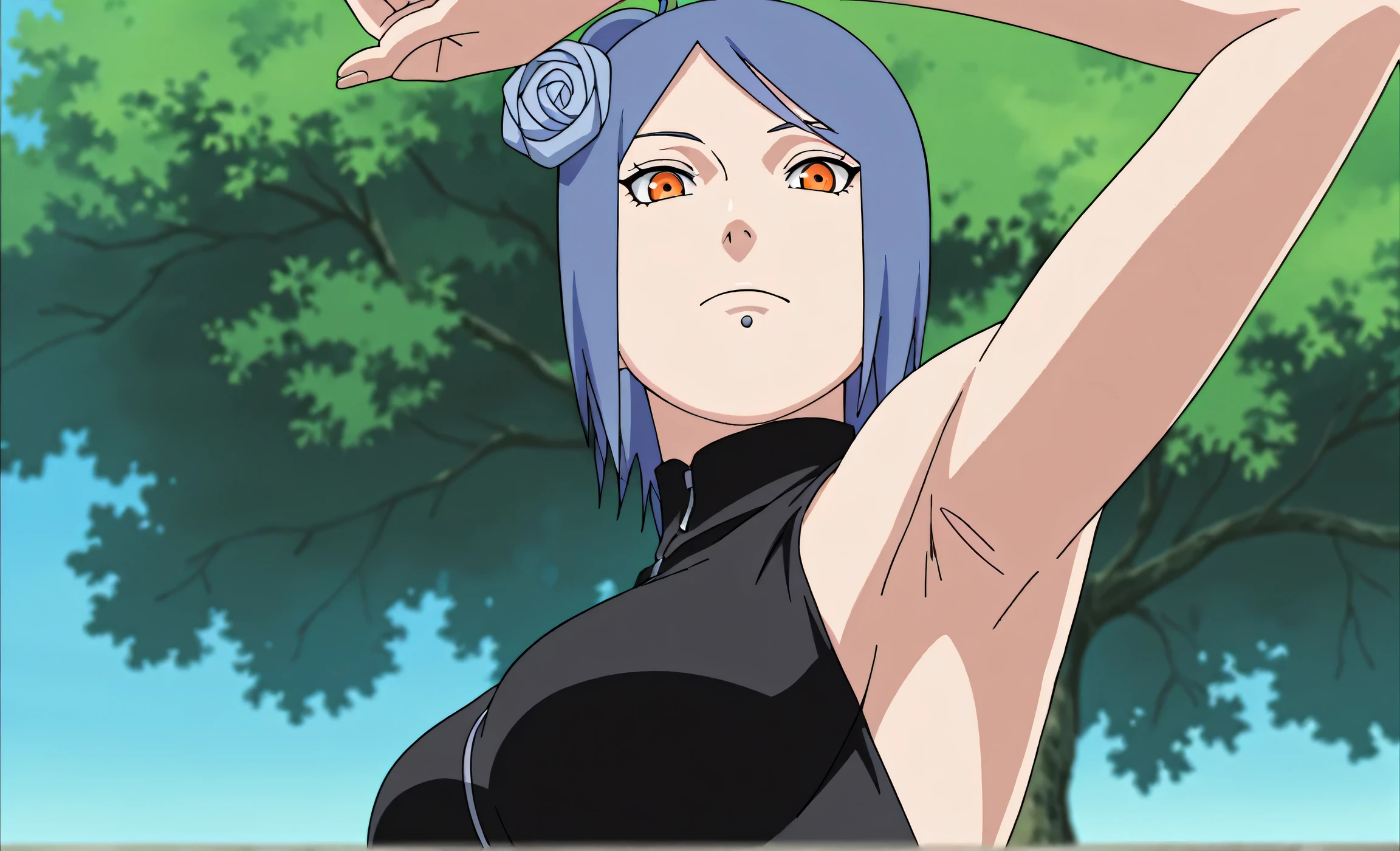 masterpiece, best quality, amazing quality, anime screencap, anime coloring, 1girl, solo, konan, blue hair, single hair bun, orange eyes, hair flower, lip piercing, medium breasts, black bodysuit, skindentation, turtleneck, sleeveless, bare shoulders, bare arms, arm up, raised arm, armpit, armpit focus, head towards viewer, looking at viewer, direct eye contact, expressionless, closed mouth, outdoors, day, from side, from below, backless