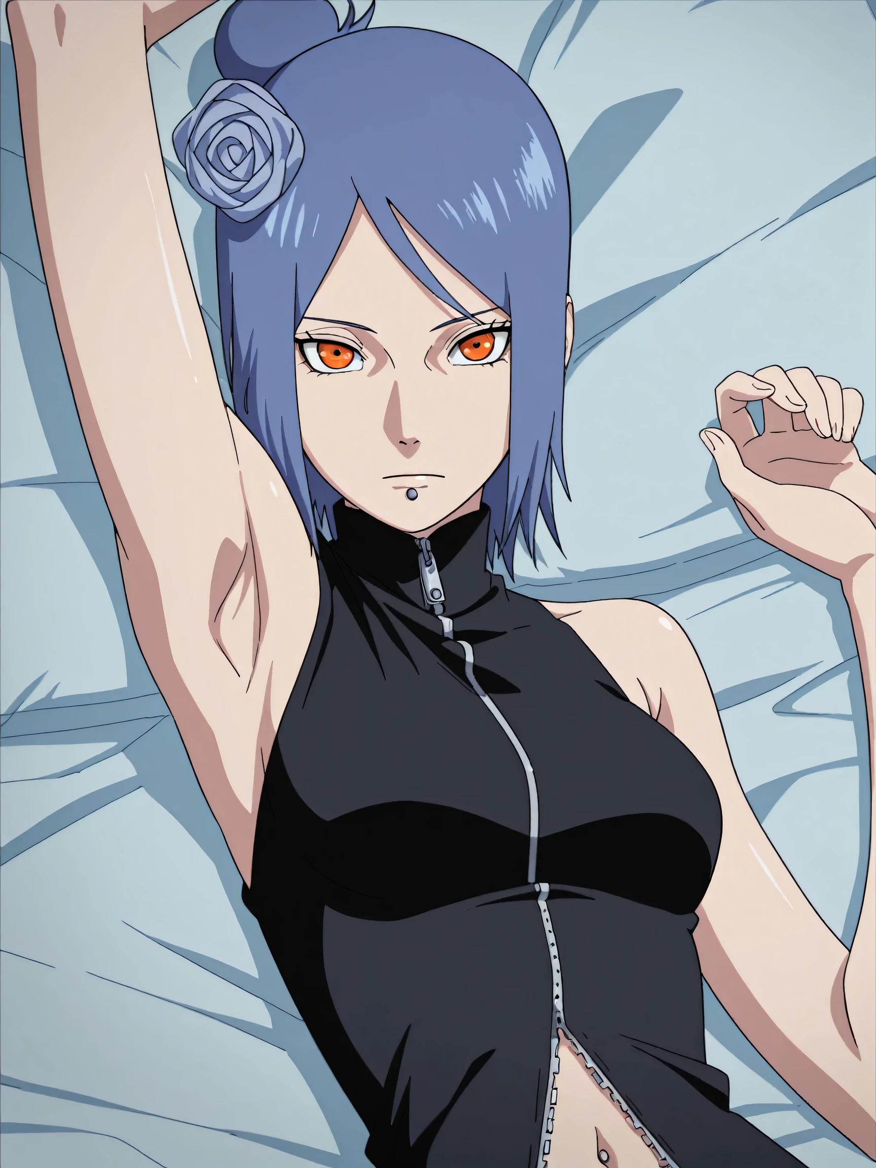masterpiece, best quality, amazing quality, anime screencap, anime coloring, 1girl, solo, konan, skinny, blue hair, single hair bun, orange eyes, hair flower, lip piercing, medium breasts, black shirt, navel opening, zipper, skindentation, turtleneck, sleeveless, bare shoulders, bare arms, arm up, raised arm, armpit, armpit focus, head towards viewer, looking at viewer, direct eye contact, expressionless, closed mouth, backless, lying in bed