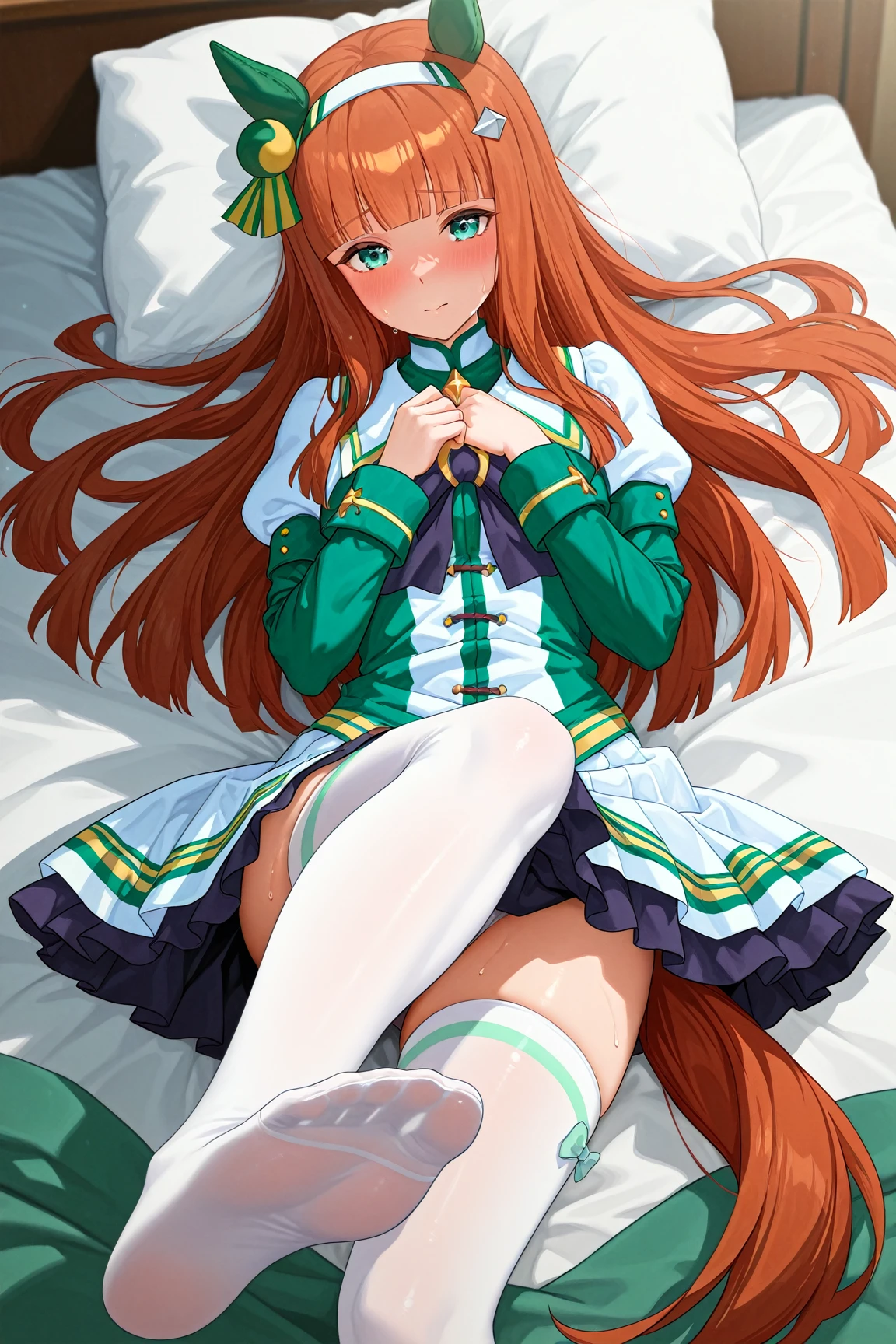Silence Suzuka、blush,smile、Long Hair、Orange Hair、Horse Girl、Green costume、In uniform、The back is very small、Small breasts、Please show me your armpits、outer: 14 years old、Shoulder Bare、The clavicle is visible、Sexy thighs、Beautiful feet、Usual hairstyle、最high quality, High resolution, unity 8k wallpaper, (shape:0.8), (Beautiful and beautiful eyes:1.6), Highly detailed face, Perfect lighting, Extremely detailed CG, (Perfect hands, Perfect Anatomy),(最high quality,4K,8K,High resolution,masterpiece:1.2)、 (cryin) ,Cute Characters, Most detailed, high quality、(missionary, 1boy, penis, lying, vaginal, ass pov, spread legs, sex, nsfw)、nose blush、steam、Oblique angle、Shiny Hair、Very fine and beautiful bright eyes、be scared、Very detailed, clear and beautiful face,Slender body、Awards, Anatomically correct、((Scared))