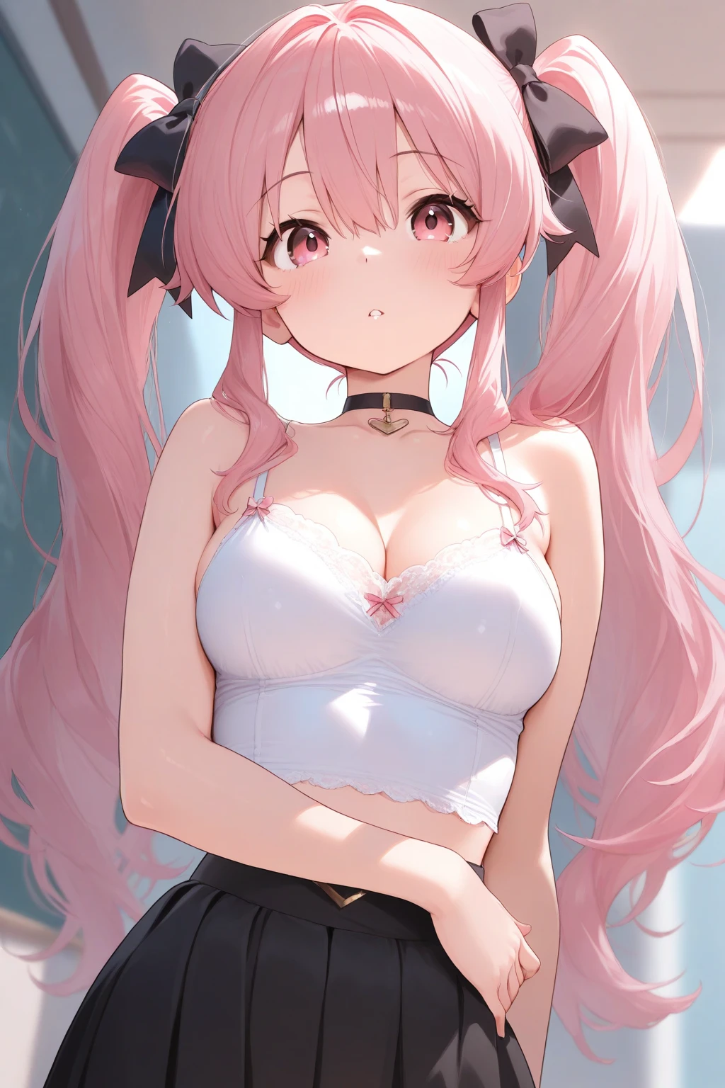 ((Best quality)), ((masterpiece)), (detailed: 1.4), beautiful woman, short shirt tied, short shorts, white hair locks Pink twin tails, lotus, heart, neckline, sweaty, body shine, ink, (solo), realistic,((masterpiece)), (best quality), (detailed), (1 girl), large breasts, sexy, thicc