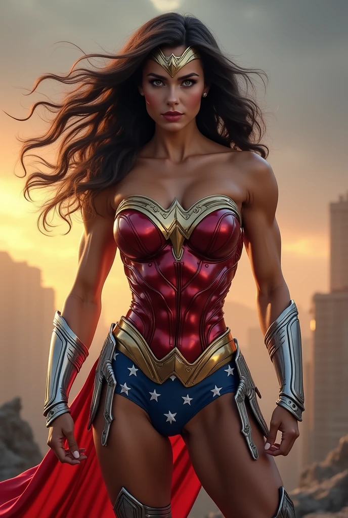 a teenage girl with blue eyes in a leotard suit of wonder woman, standing on a roof under sunlight
