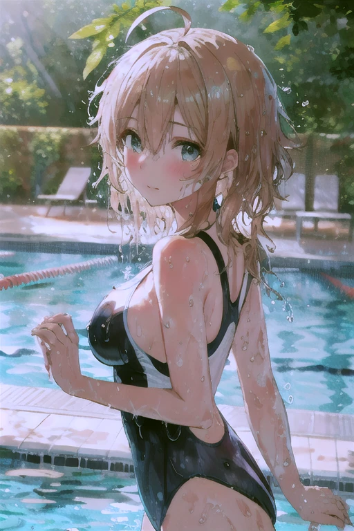 (in the poolside:1.5), (pleasant face:1.7), (dripping pussy juice through her bikini:1.8), (trembling:1.5), masturbation, pussy juice, (wearing bikini:1.5), bikini, (completely exposed her breasts:1.6), (completely open breasts:1.5), exposed skin, (in the poolside:1.7), high school girl, one girl, transparent suit, clear background, sunlight, sunset, (small breasts:1.6), white hair, bob hair