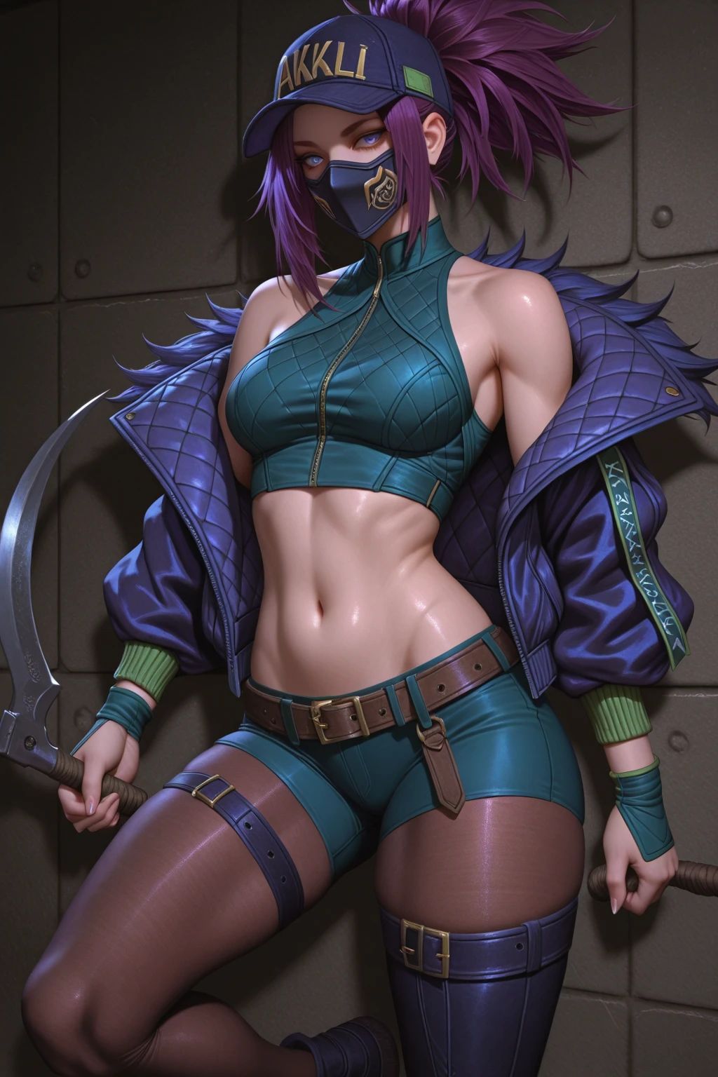 16k, UHD, Hyperrealistic, High detail, best quality, beautiful woman, purple hair in ponytail, ninja costume, red scarf, fishnet tights
