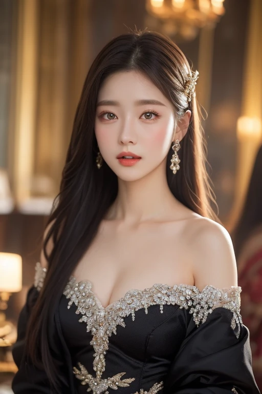 Princess , in castle , detailed hand , high quality, super quality, detailed face, beautiful woman , golden eyes, long hair , mega breast , gorgeous dress, tiara, necklace , earring , sharpe eyebrow , (brown hair:1.4), arching back, side view 