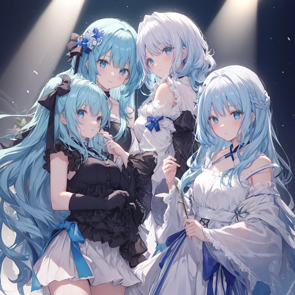(mulher magra), (seios pequenos), (albina), (heterocromia), (vestido azul escuro com glitter), (dress up to the feet), (cabelo branco), (cabelo algurandos quadris), (olho esquerdo castanho), (olho direito azul)