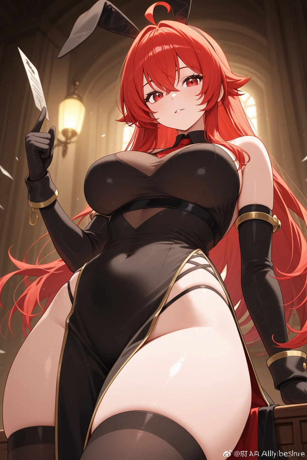 Desert_Sorceress_outfit, 1girl, solo, thighhighs, breasts, gloves, red_hair, glowing red_eyes, deep_eyes,  elbow_gloves, large_breasts, cleavage, navel, underwear, hood, shaded_face, eyes_in_shadow, fireball, magic, smirk, dominant female, femdom, dommy-mommy