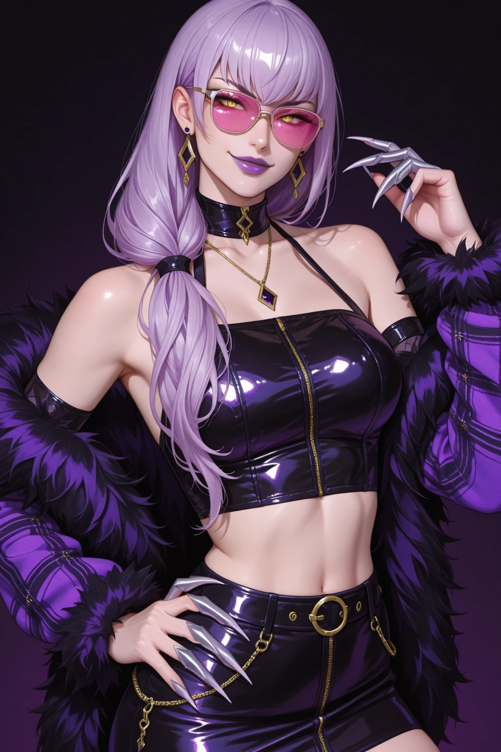 manon,pink hair,short hair with long locks,purple sunglasses,
black top,black skirt,black legwear,tight,midriff,navel,feather coat,
club,night,pose,
standing,upper body,smile,
(insanely detailed, beautiful detailed face, masterpiece, best quality),
solo,<lora:manonDIVA:0.8>,