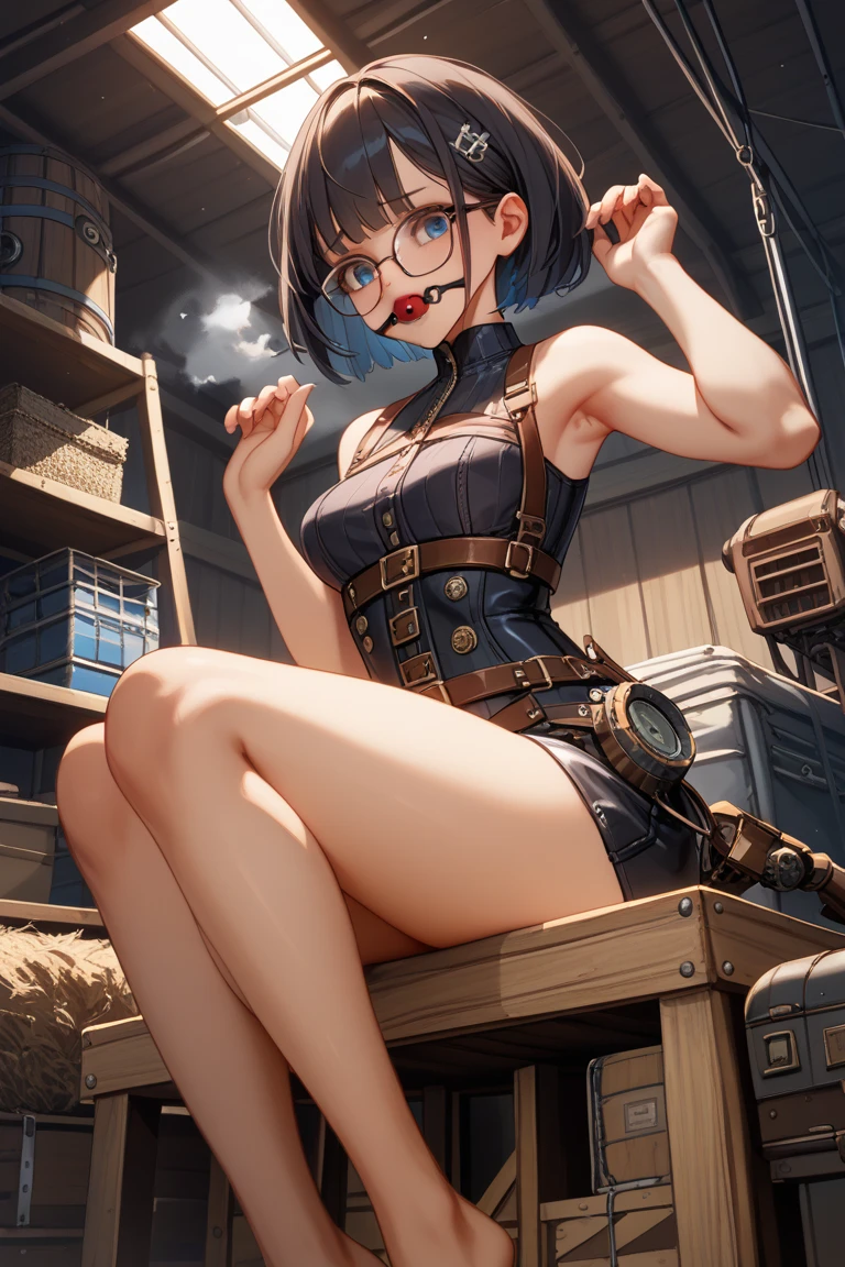 high quality masterpiece, photorealistic anime style, japanese animation shot of an attractive and tiny but rude 2B from Nier Automata video game, sensual atlethic body, firm medium bust, wearing a pleated mini skirt wide thighs, advanced detailed in her feminine and beatiful face features, cabello mojado, ropa sucia, mundo post-apocaliptico