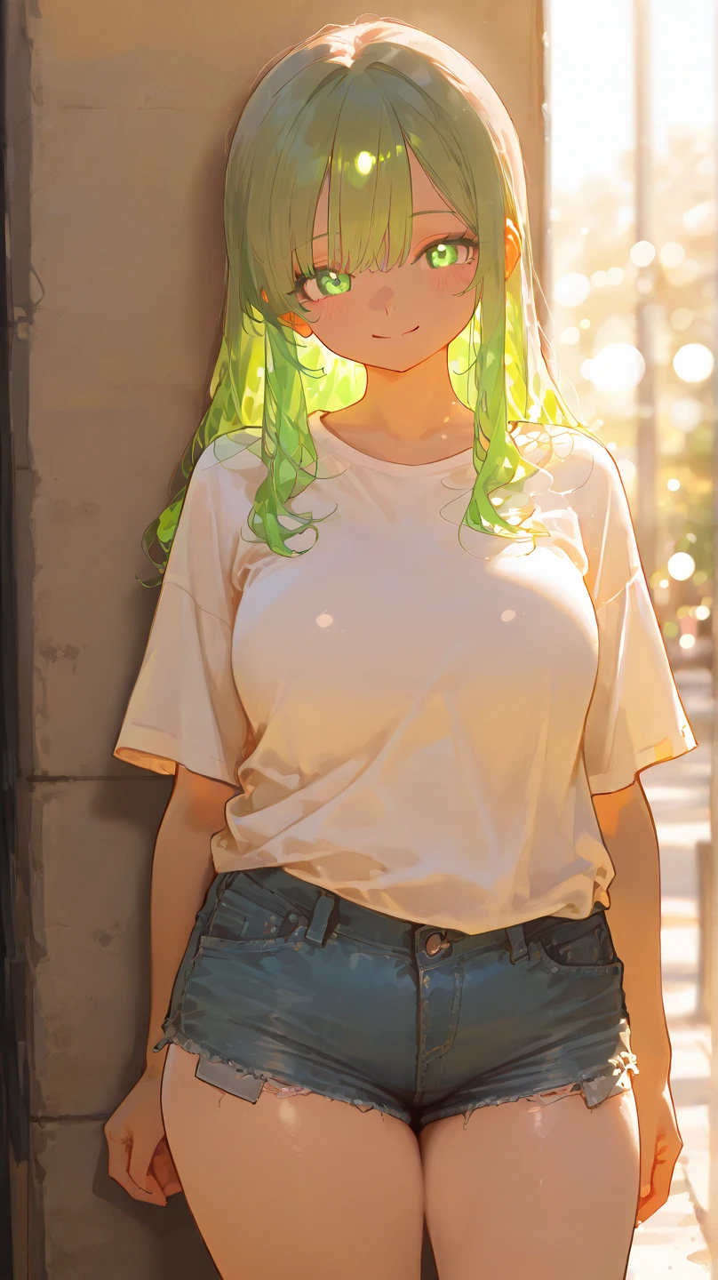/(Girl),(anime),(young),(pretty),(super hot),(white skin color),(green eyes and long green hair),(Super beautiful), (structured body), (slender body), (parts of the body with super large and super hypersexual ass and breasts), (super mega large breasts),(18 year old woman), (with super mega large breasts),(Dress),+,(a super tight pencil style denim skirt and a super sensual white t-shirt)