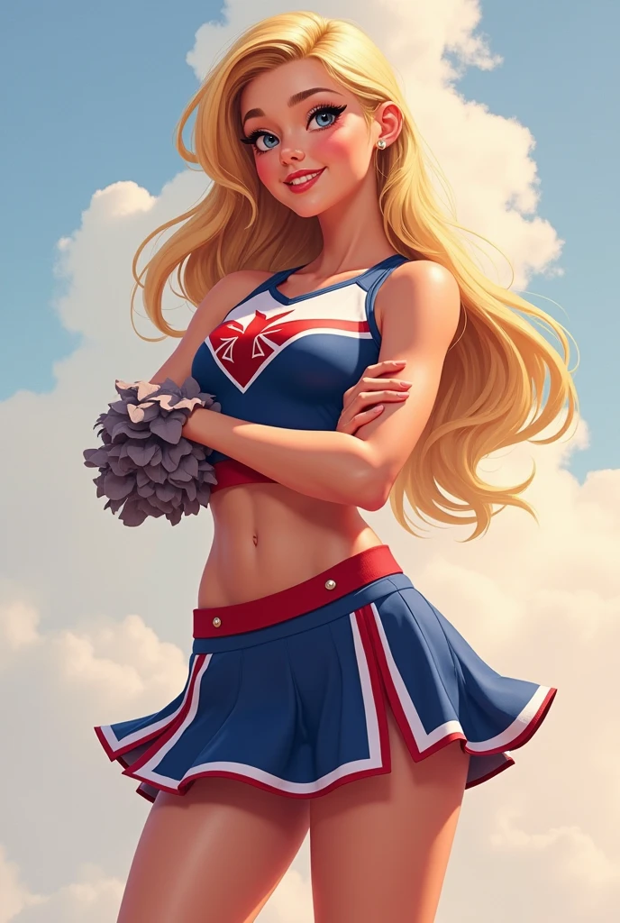 (Masterpiece, Professional lighting, 16k, 8k wallpaper, raw photo, photorealistic:1.8, ultra detailed, , 16 mm lens, (Masterpiece, Professional lighting, 16k, 8k wallpaper, raw photo, photorealistic:1.8, ultra detailed, slightly wide angle lens, natural lighting, detailed skin, detailed joyous face, detailed eyes, 1 beautiful happy multiracial female model doing a photoshoot as a cheerleader, cheerleader, cheerleader outfit, cheer squad leader during a game, full body image , medium length skirt, long curly blond hair with bangs, hazel eyes, cheering:1.3, sexy cheer skirt, sexy top, team colors are orange and light blue, photo from back left, she looks into lens