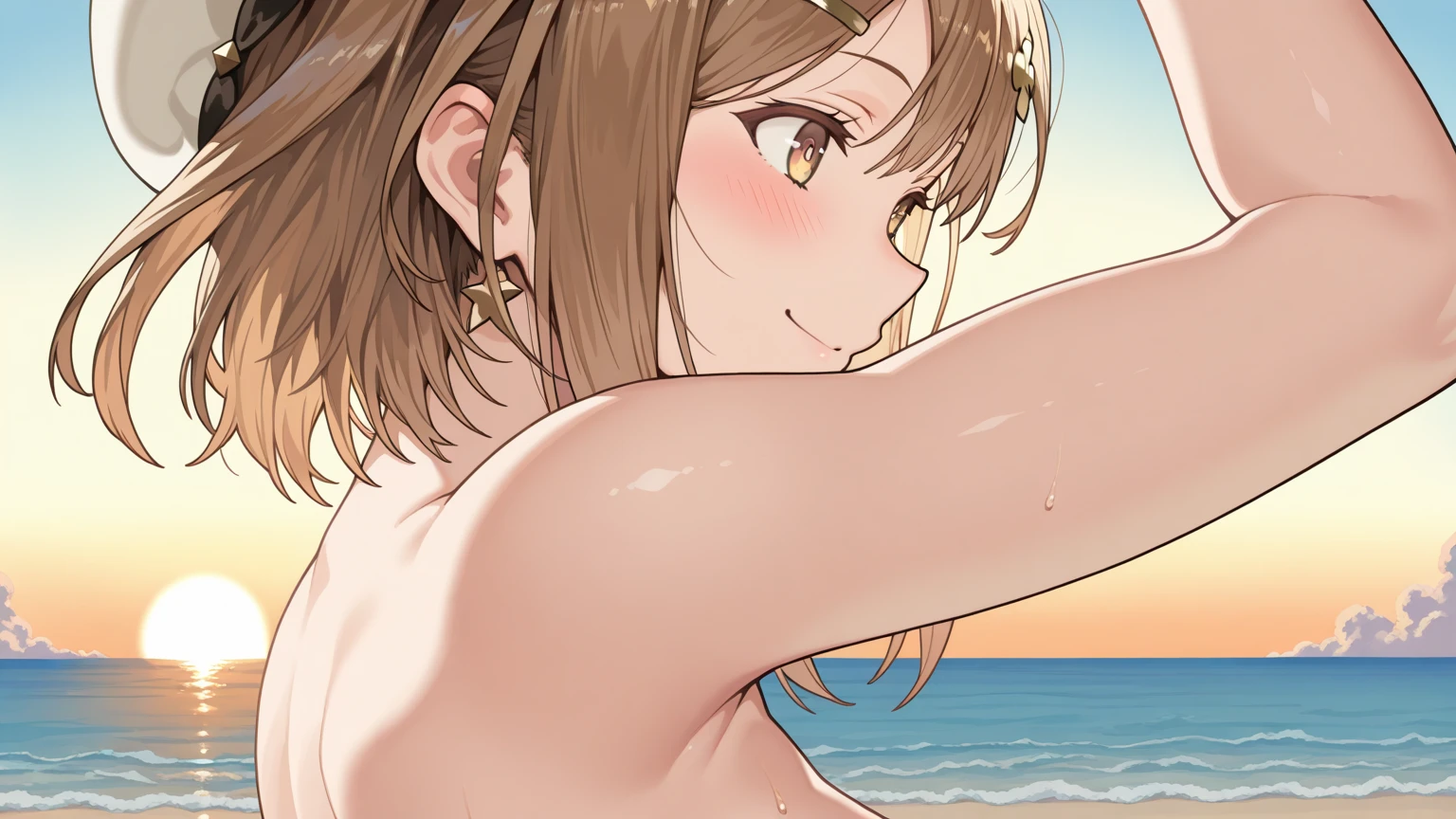 masterpiece, high quality, 1girl, Alice, Alisa , medium shot, upper body, orange eyes, orange hair, twintails, , Bent down , huge ass, pussy,In front of the screen, pussy, close up,(dynamic pose), smile, outdoors, beach, naked, 18+, nsfw