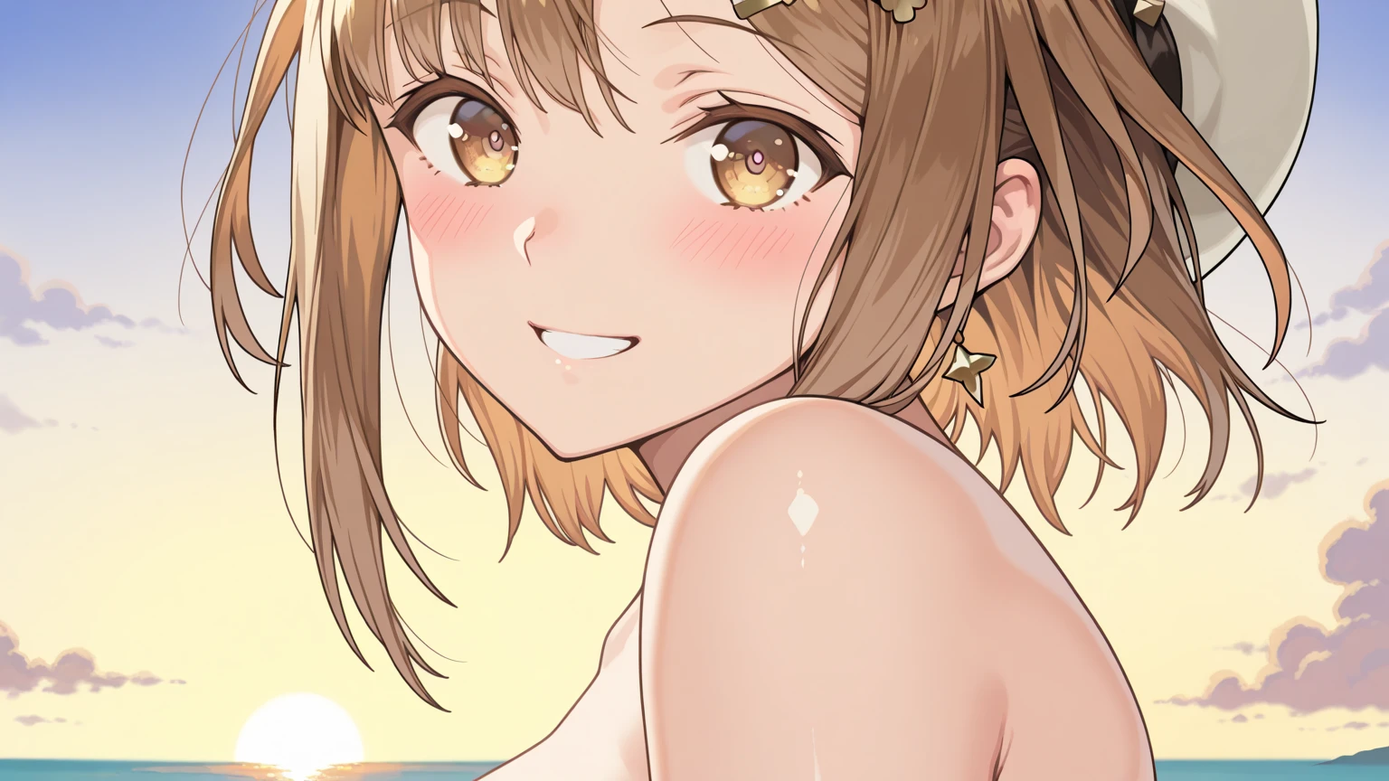 10 years old,Girl,,Flat Chest,naked,Full nudity,Highest quality、High resolution、Detailed Background、Beautiful face in every detail、Teenage Beauty、Cute hair colour、Brown Hair、Black Hair、Bobcut、Twin tails、Big smile、boost mood、 Summer sun、Shining Sea