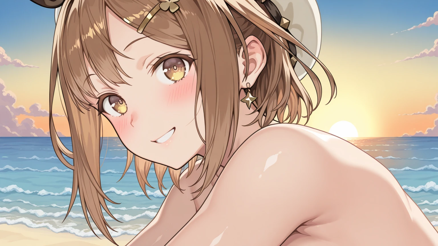 akari ozora, medium long hair, pink ribbon on left head, nude, flat chest, small breast, 7 years old, lolita, vagina, squat, open legs, beach angle from below, from front, (focus on vagina)
