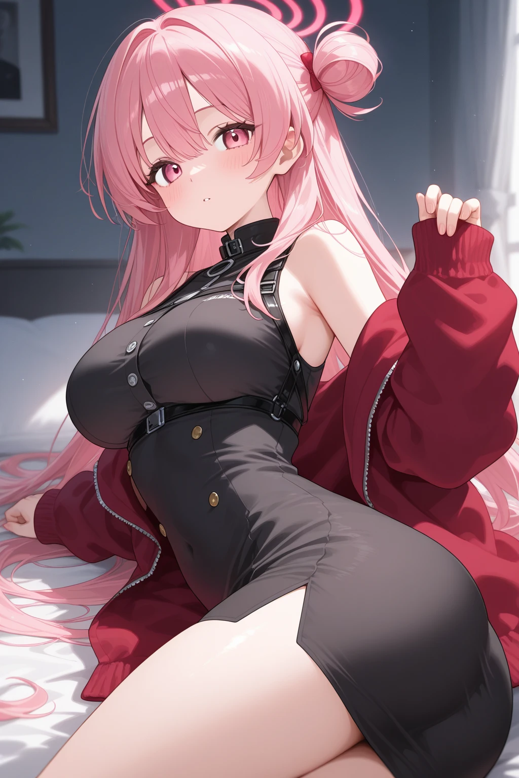 (masterpiece,best quality, detailed,hires:1.4),portrate,1girl,standing,16yo,(solo:1.4),winter city scape,street,(big moon,detailed crescent moon,night sky,fine sky),BREAK,super dericate hair,ahoge,pink hair,long hair,detailed face,beautiful detailed eyes,shining eyes,big eyes,tareme,bloom,glowing,glowing skin,huge breast,BREAK,(White fur coat),BREAK, (gray turtleneck sweater:1.4),BREAK,(denim short shorts:1.2), (black stockings:1.4),(brown long boots:1.2),close up breast,(happy:1.4),blush,(head to crotch,below the knee and feet are out of sight:1.4),from below,