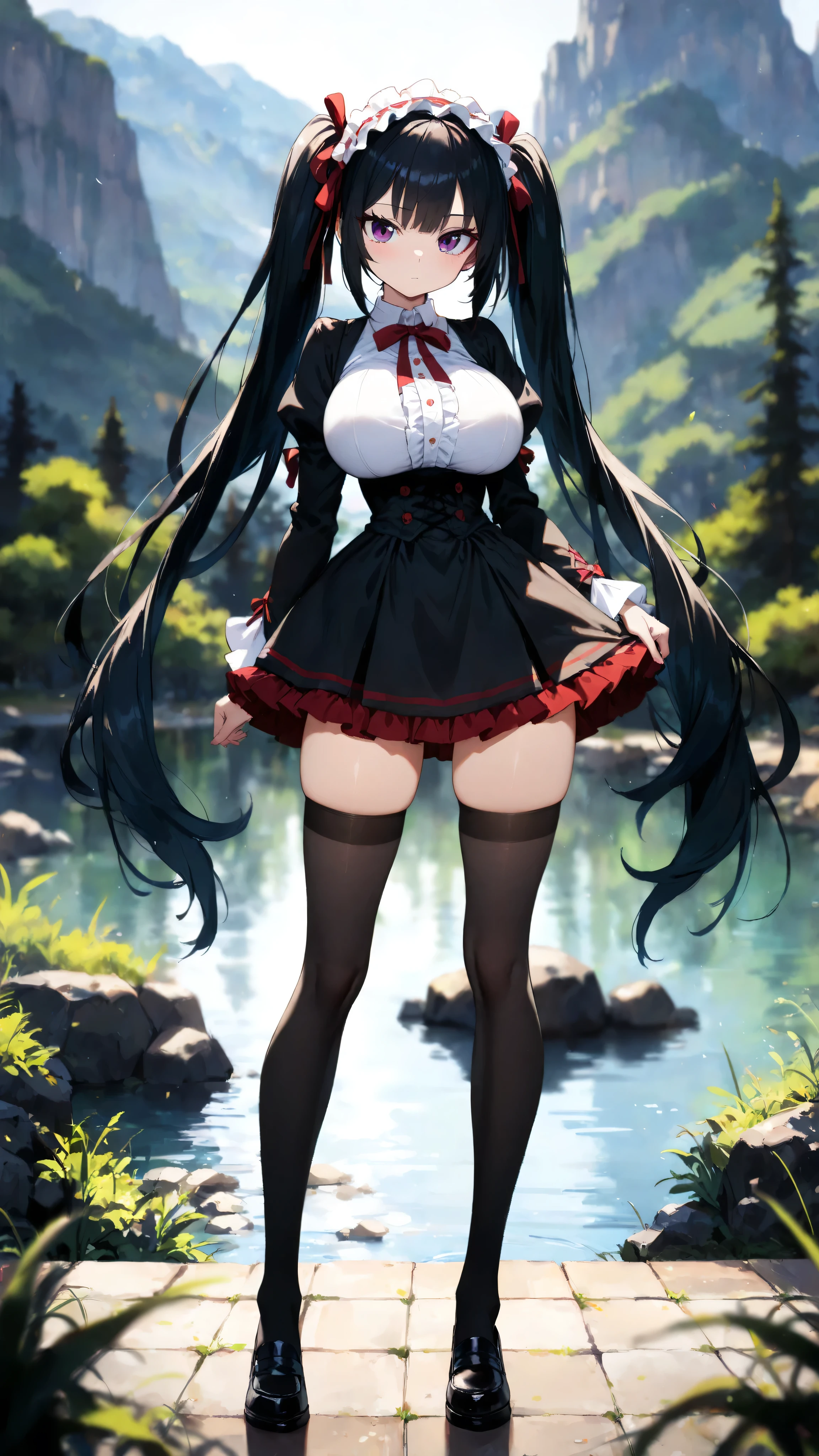 best quality, high resolution, unity 8k wallpaper, (illustration:0.8), (beautiful detailed eyes:1.6), extremely detailed face, perfect lighting, extremely detailed CG, (perfect hands, perfect anatomy), kasumigaokautaha, ((full body:1.4)) ((slim body)), ((perfect body)), ((slim legs)), utaha kasumigaoka, black hair, hairband, long hair, (red eyes:1.5), masterpiece, best quality, highres, kasumigaoka utaha, 1girl, solo, ((standing:1.4)), medium breasts, blushing, black hair, hairband, red eyes, ((white hairband:1.4)), bangs, medium breasts, blushing, ((smug face:1.4)), cowboy shot, ((looking at viever)), ((white long dress:1.4)), ((show panties:1.4)), ((lift dress:1.4)), ((black stockings:1.4)), ((black heels:1.4)), ((forest background:1.4)), ((night day:1.4)), ((sky from below:1.4))
