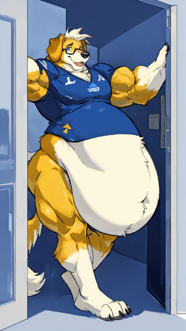 Dogs are fluffy，personal，middle aged，St. Bernard，adult，big，strong，Slightly fat，muscle，teacher，outdoor，Sweat，Wet short sleeves，stand at the door，Smile，Anime style，Blue Theme，Green Plants，Looking at you，Glasses(black frame，Gold Texture)，Body(0.5)