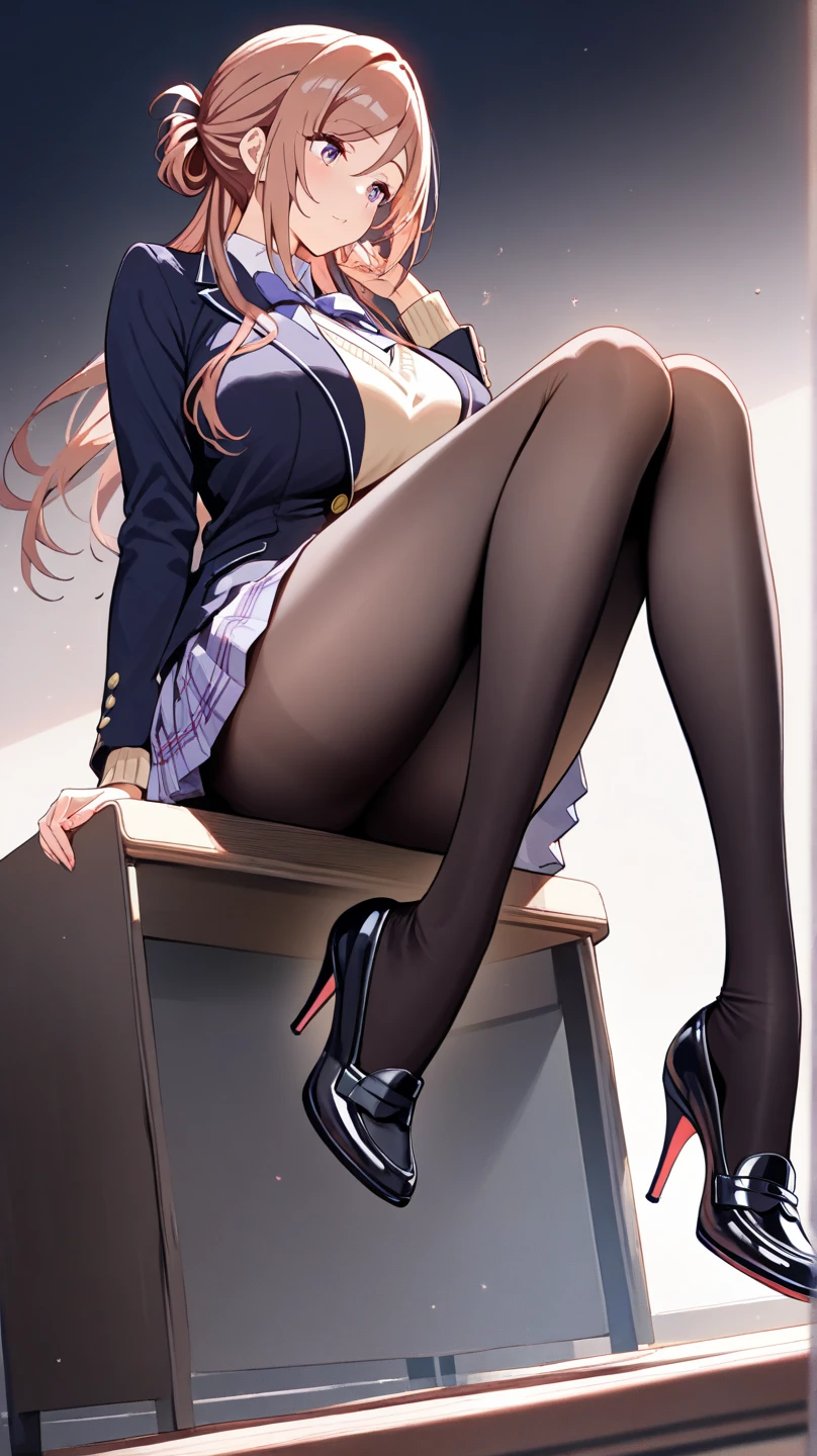 Girl with pink hair,young,sitting on desk, sitting on desk,fullbody,crossed legs, large breasts,looking at viewer,looking pityfully,high res,high quality, masterpiece ,black tight black skirt, white shirt, black jacket,white heels, black stockings , classroom,sfw, give acess to lick her heels,pulls her foot into the camera to be licked,look from below,look on her heels, pointing on heels,leg very close to camera,mocking smile, muscular girl