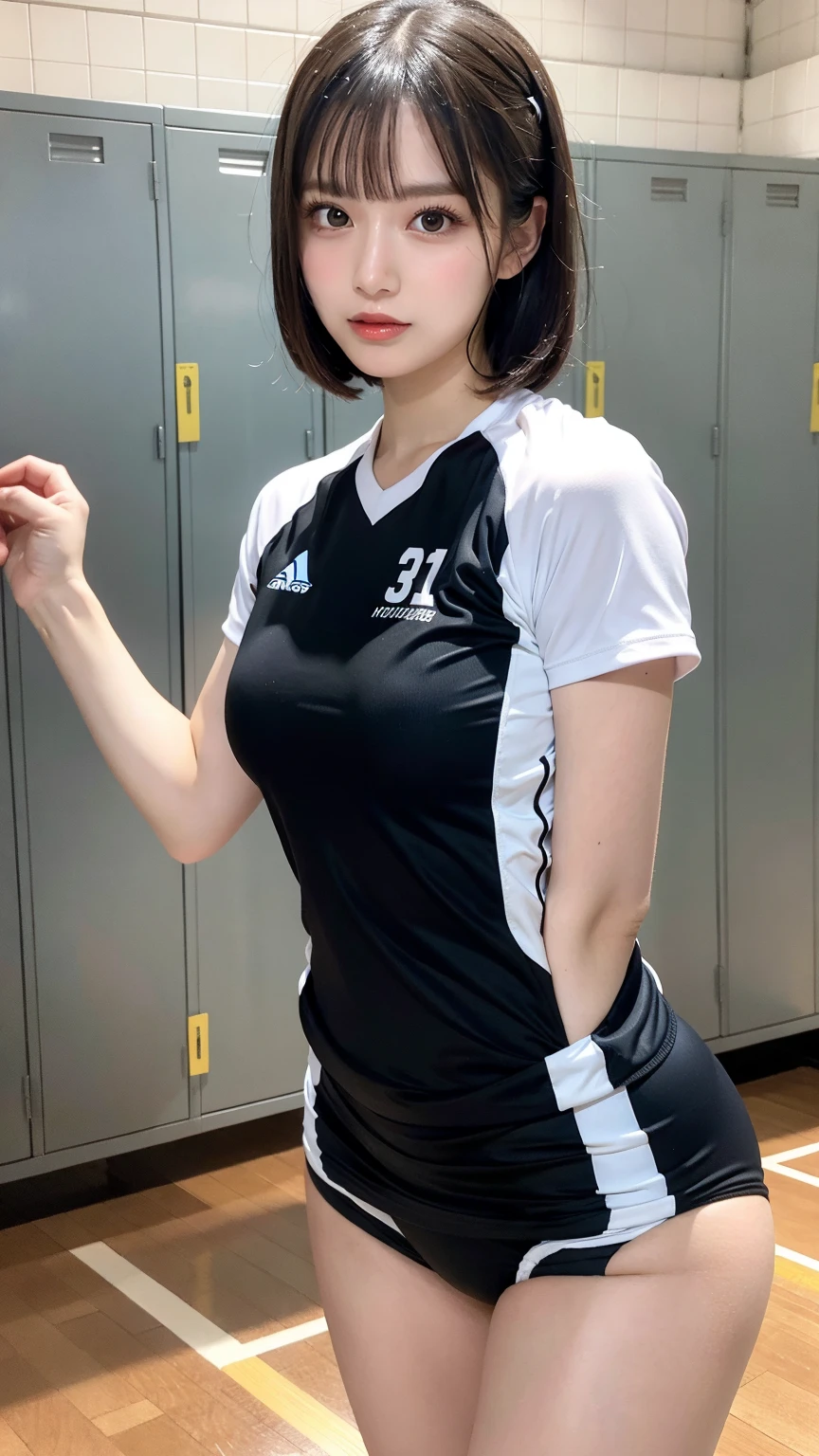 muste piece, best quality, illustration, Super detailed, fine details, High resolution, 8K,wall paper, perfect dynamic composition,(Details High quality, realistic depiction of eyes:1.3), (short hair volleyball player, Volleyball Uniforms), Tight clothes, locker room, (large breasts), black hair color, Big Natural Color Lip, bold sexy pose, (perfect body shape), Do gal makeup, sexy face, Harajuku style、20 year old girl、cute type、lolita、beautiful legs, hposing Gravure Idol, Voluptuous thighs