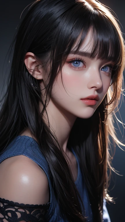 masterpiece, best quality, ultra-detailed, facing the camera head on, intricately detailed hyperdetailed, realistic, sharp features, highly detailed, sharp focus, perfect face, perfect face, perfect symmetrically perfect eyes, perfect full lips, flexible female form, cinematic, film light, hyper detailed, hyper realistic, masterpiece, atmospheric, high resolution, vibrant, dynamic studio lighting, , ((Dark background)), Sexy face,  expressions when receiving pleasure, straight Bangs, Big breasts,  cleavage, blue Eyes,black sweater, cowboy shot,
