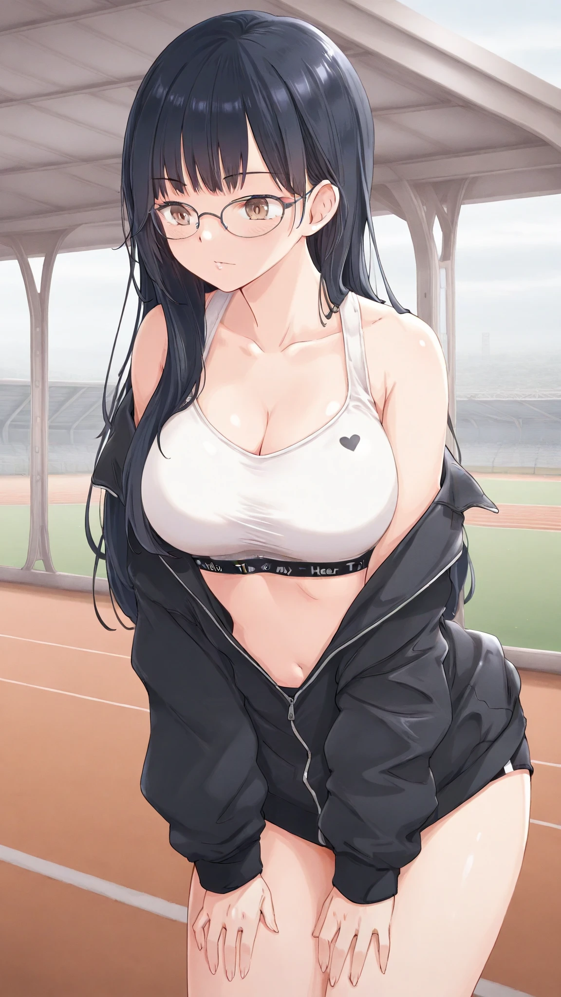 tangan,cyclops, 1girl, solo,brown hair, red eyes,  very long hair, big breasts, 
sports bra, sportswear, 
looking at viewer,   running, jogging, 
park, tree, 
 <lora:tangan_any45:0.85>