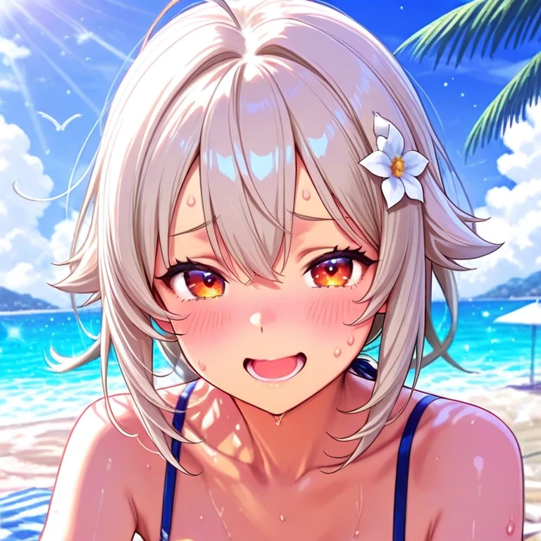 Silver Hair、short hair、albino、Odd Eye、20-year-old、Second year university student、Kind woman、Docile woman、smile、、Border print bikini、Salmon pink swimsuit、Hawaii Beaches、Cleavage