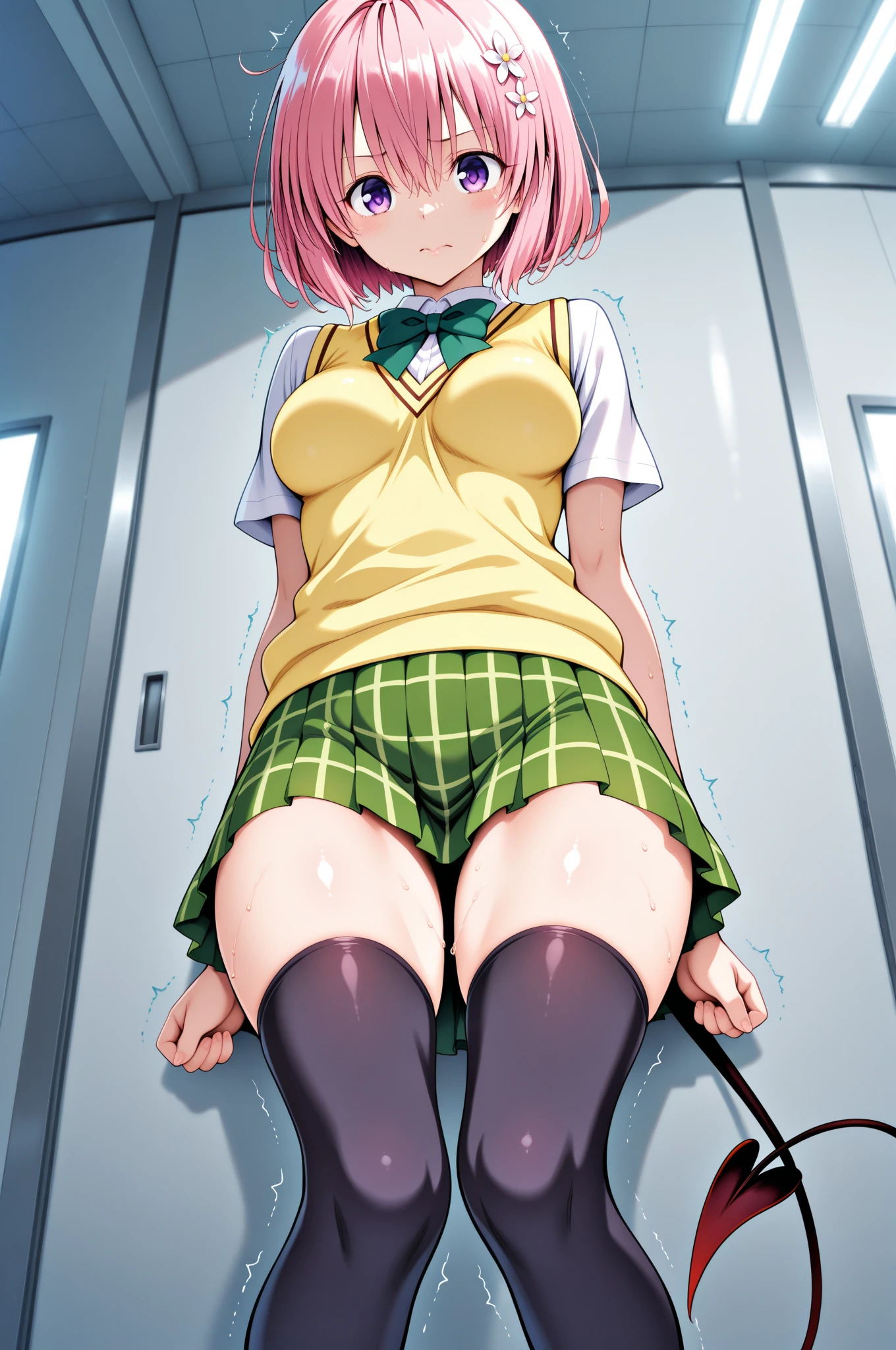 Shikimori-san, 1girl, Peeing self, Have to pee, Knees together, Anime, looking at camera, embarrassed, blush, pee stain, peeing, yellow pee, tears, crying, out of breath, sweating, long hair, tears running down face, no diaper, sitting