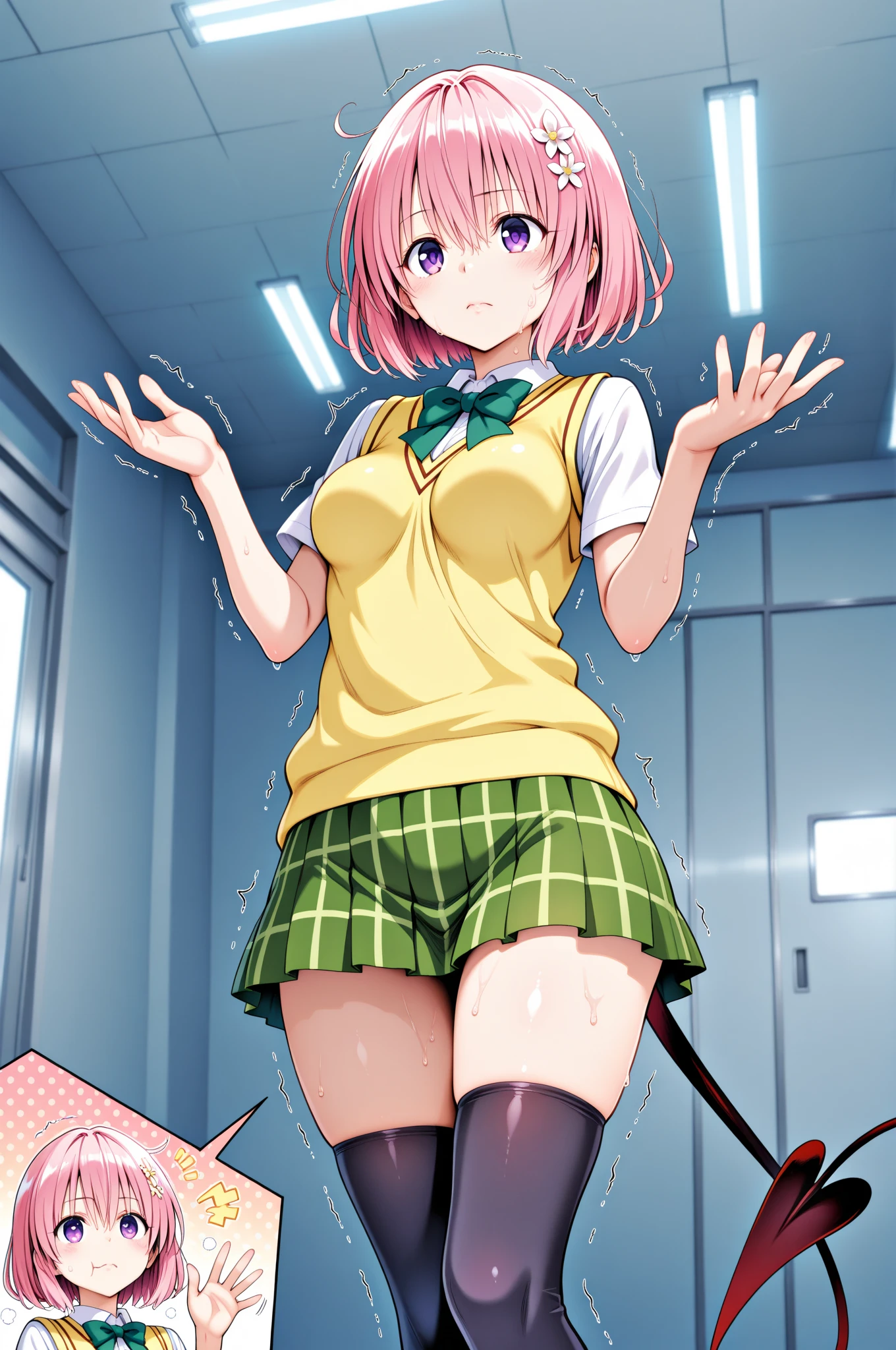 momo velia deviluke, ph momo, momohd, phmomo, solo, 1girl, pink hair, purple eyes, short hair, hair flower, sweater vest, school uniform,(yellow sweater:1.2), big eyes, plaid skirt, black thighhighs,
(masterpiece:1.2, best quality), (finely detailed beautiful eyes: 1.2), (beautiful detailed face), (sharp face hair between eyes, Classroom,
(detail white panty, cameltoe), 12yo, brush, ((spread legs, cum)), (shiny skin, sweating: 1.4), dynamic lighting, high resolution, sharp focus, depth of field, breast rubbing, netting, tights, mesh material、(Naked:1.4), (see-through lingerie:1.3), (blushing face:1.4), smiling, cowboy shot, g cup、bodysuit, ripped clothes, clothes that can be taken off, take off, pose, break, fall, severe damage, trembling look, luscious, appeal,, exposed skin ,impossible swimsuit ,nipple clothes ,nipple 、m legs