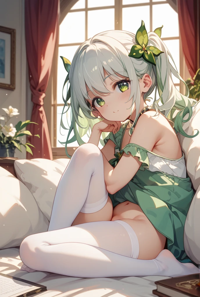 Bed Head,Shaggy hair,Hair between the eyes,Lime yellow hair,Elf Ears,blue eyes,tsurime,White ruffled headband,(Put your arms behind your back), mature, One human girl, ( ((I'm crying a lot))),((Watery eye))、ignore、blush, Open your mouth a little, Medium chest, Highly detailed skins, On the bed, (((Fully naked body)))、(((Girl sleeping on her back)))、Beautiful breasts、((Wide-open legs))、(((Positive)))、（Full view of the buttocks),(Pubic dent)、From below