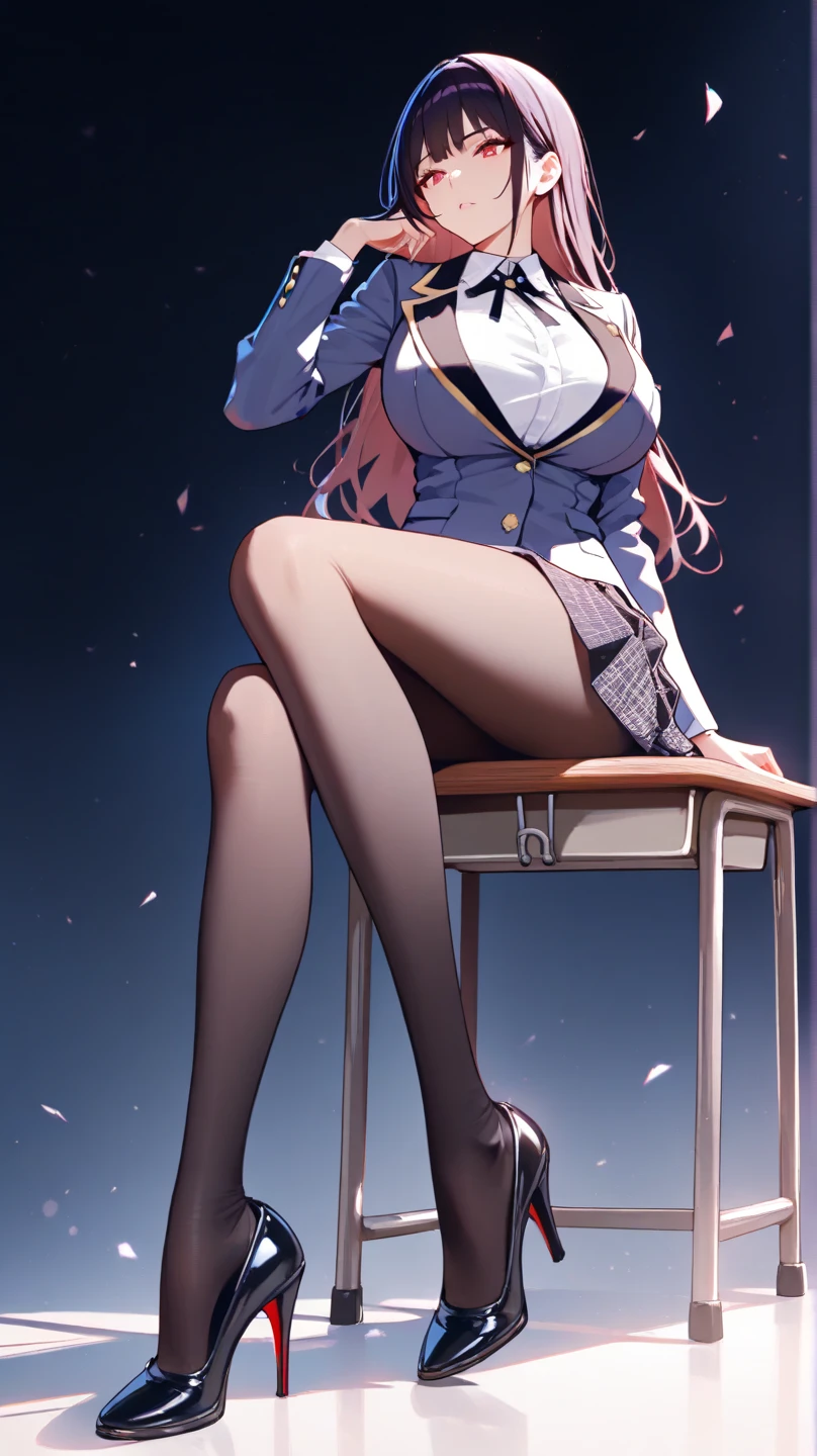 Masterpiece! Highest image quality! HD resolution! A girl wearing pine bangs, brown hair, white dress, red jacket, blue shirt, jacket open, blue bow tie, sitting on a chair, crossed legs, with black stockings.