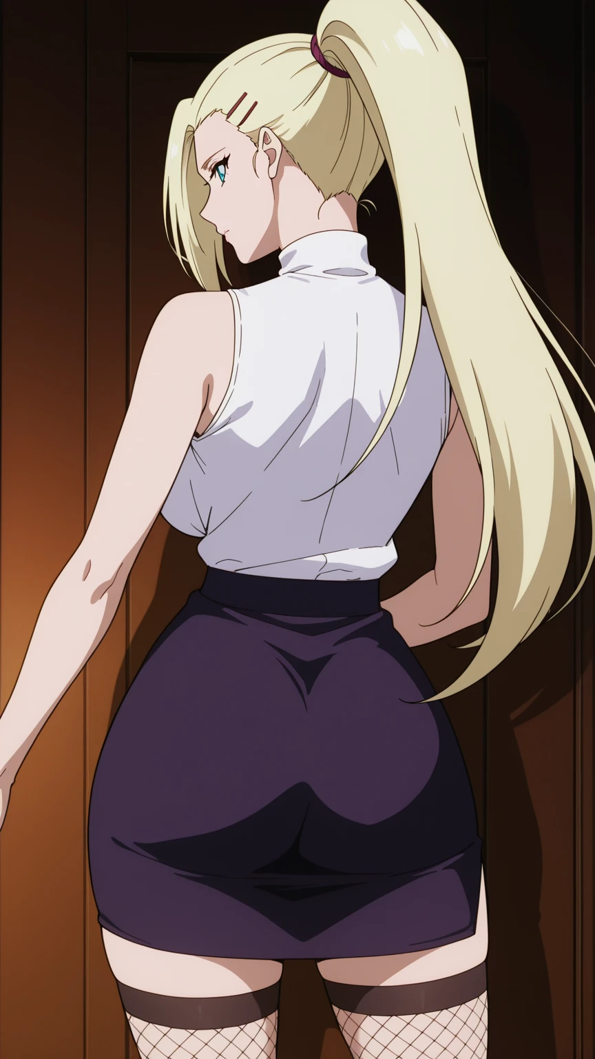 1girl,alone,yuki tsukumo,((best quality)), ((highly detailed)), masterpiece, detailed, large breasts, medium waist, wide hips, medium thighs, round butt, mature woman, blonde, long hair, focus feminine, sexy body, seductive smiling, standing, room, bedroom, alone, black ribbed dress, black shoes, bare back, looking at viewer, head on, pov(from below), cowboy shot, smile, hand on hip ,perfect hands, perfect anatomy