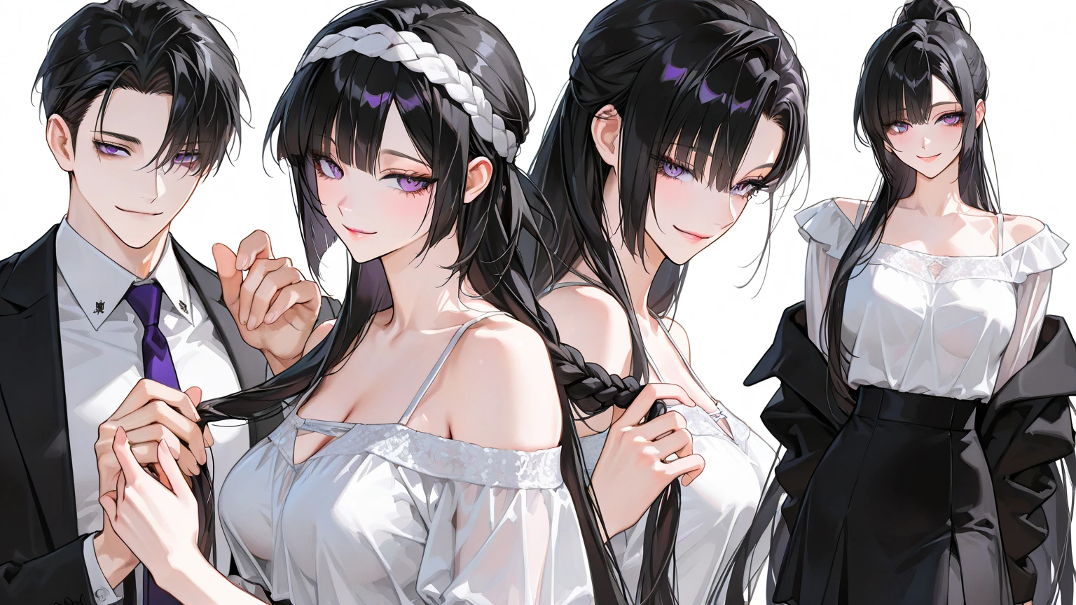 a beautiful 20-year-old girl, black hair, fine features, blue eyes, fine white skin, with different outfits in several images