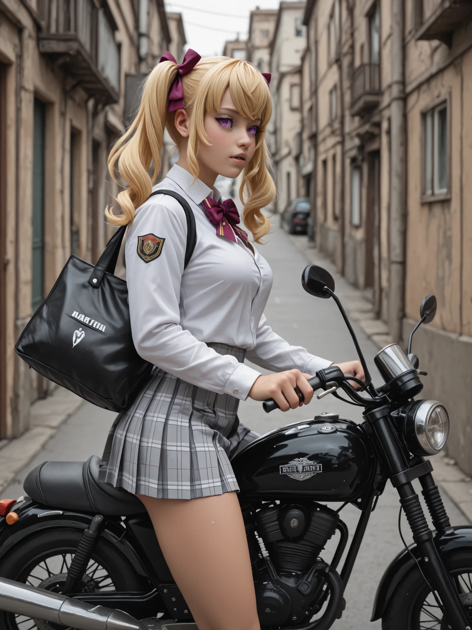 masterpiece, best quality, amazing quality, Very aesthetic, 
1 maiden, One, takamiya rion, nijisanji, Twintails, Purple eyes, blond hair, medium chest,  Dark_ Art _style, 
detailed school uniform, detailed , 
shiny skin, on a motorcycle
city, from the side, cowboy shot, dutch corner, 
Motorcycle riding, Food delivery in an iron bag, , 