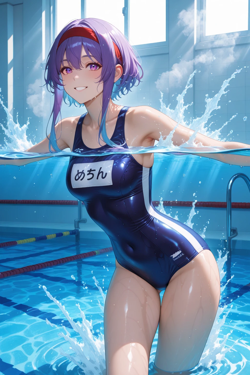 ultra detailed, sharp focus, best quality, masterpiece, colorful, <lora:CureFortune:1> hikawaIona, long hair, wide ponytail, hair ornament, one-piece swimsuit, earrings, parted lips, swimming pool, full body shot best quality, masterpiece, intricate details