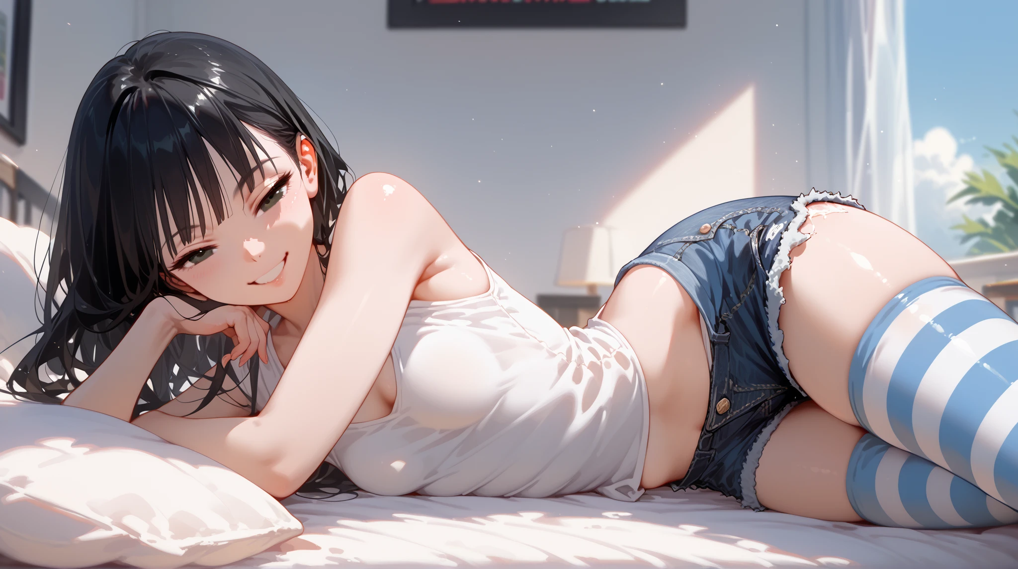 Representing the day of one woman in four scenes　Morning→ evening→ night→ go to bed　same hairstyle　Cut background　Blouse→→ towel→ shorts　Underwear is watching　Four shots a day　Are sleeping　Windy panties　Angle from below　　Underwear