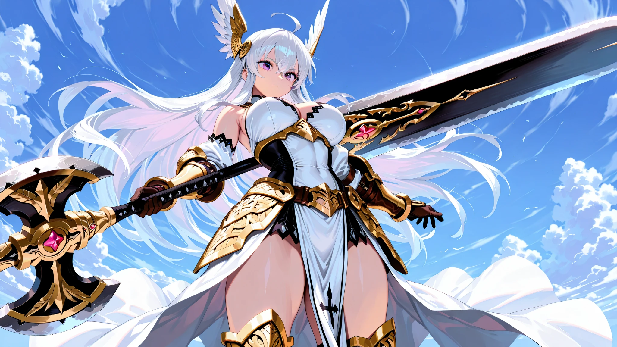 Female valkyrie Warrior, very huge breasts, silver blonde hair, very long hair, blue eyes, white skin, slim waist, medium height, serious look, very huge breasts, very huge chest, battlefield background, battle armor, steel armor with filigree, full body view, running towards viewer, thick wide hips, wielding a spear, winged helmet, white wings
