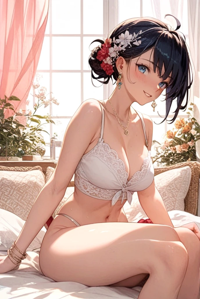Poster,(a lot:1.3),((Art Deco,Botanical Art,Flower Art)),(Floral:1.3),Lily flower, (masterpiece, Highest quality),(Vibrant colors,colorful),(Amazing details,Detailed Background),Anatomically correct,Accurate drawing,Detail View,Sense of luxury,A girl wearing an open-chested dress:1.4,Bare Belly,Junior high school girl,12 years old,Low length,Very thin thighs, (White bra、White panties:1.5), Spread your legs wide,