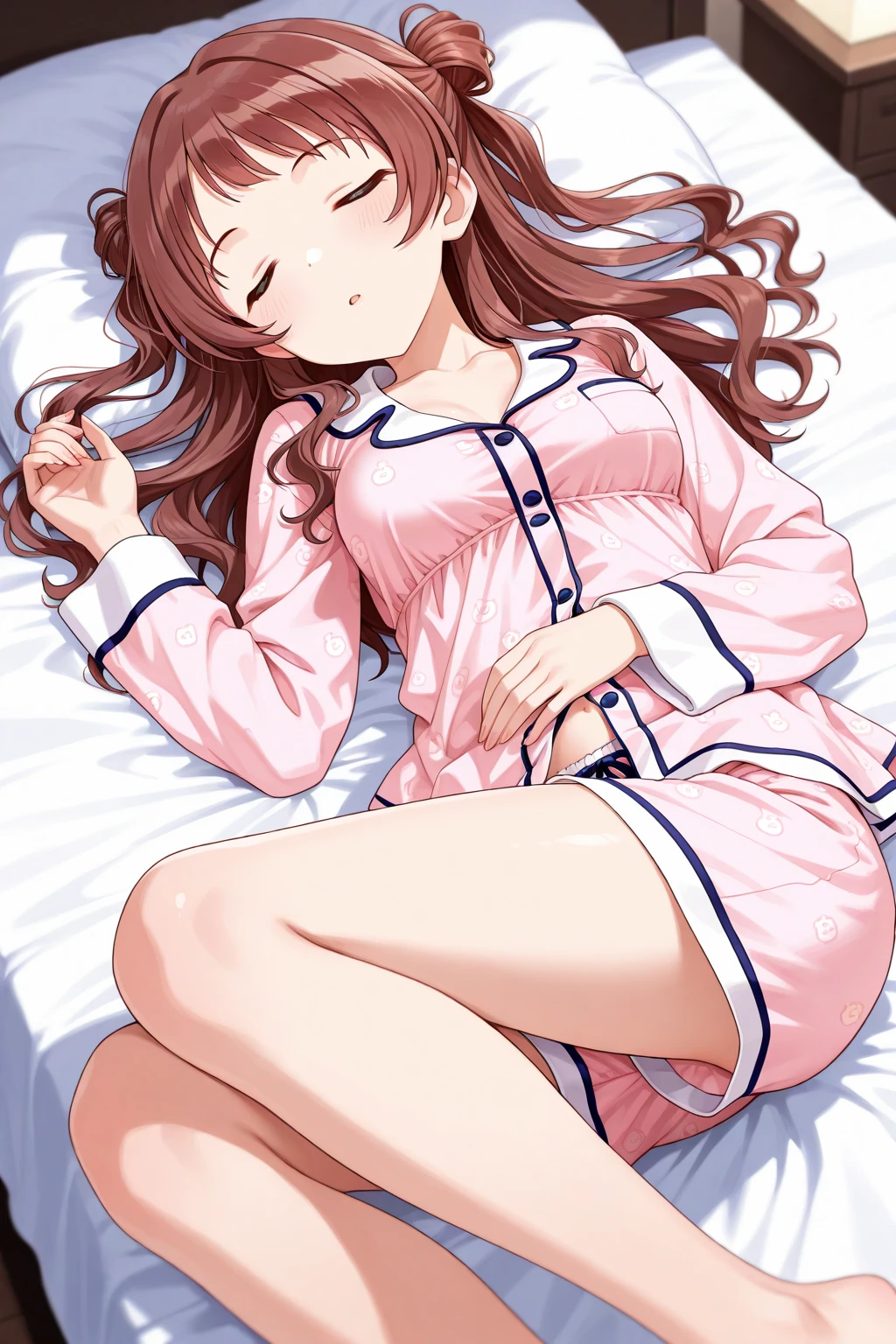 solo, pink sweater, nothing underneath, naked, wet, red hair, embarrassed, horny, in bed, hands open towards us, legs open, sperm flowing, covered in sperm, mouth open, white liquid
