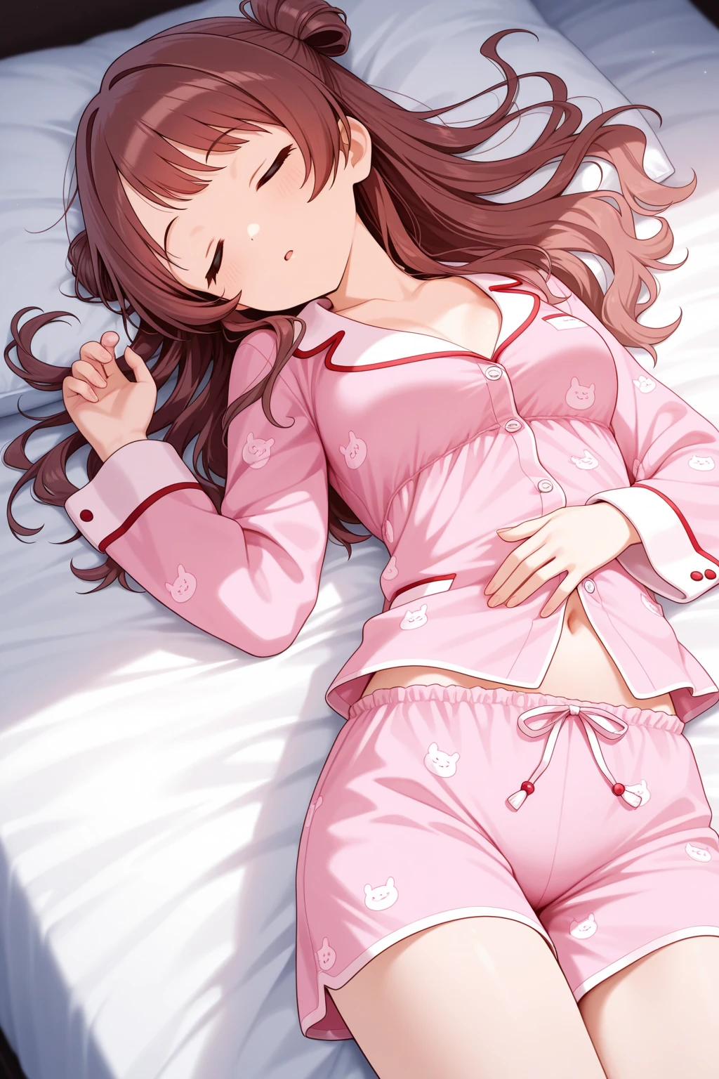 A Korean person sleeping face down in bed ,Small breasts,Flat chest,Brown Hair,Shortcuts,Slender beauty,Pajamas in pastel colors