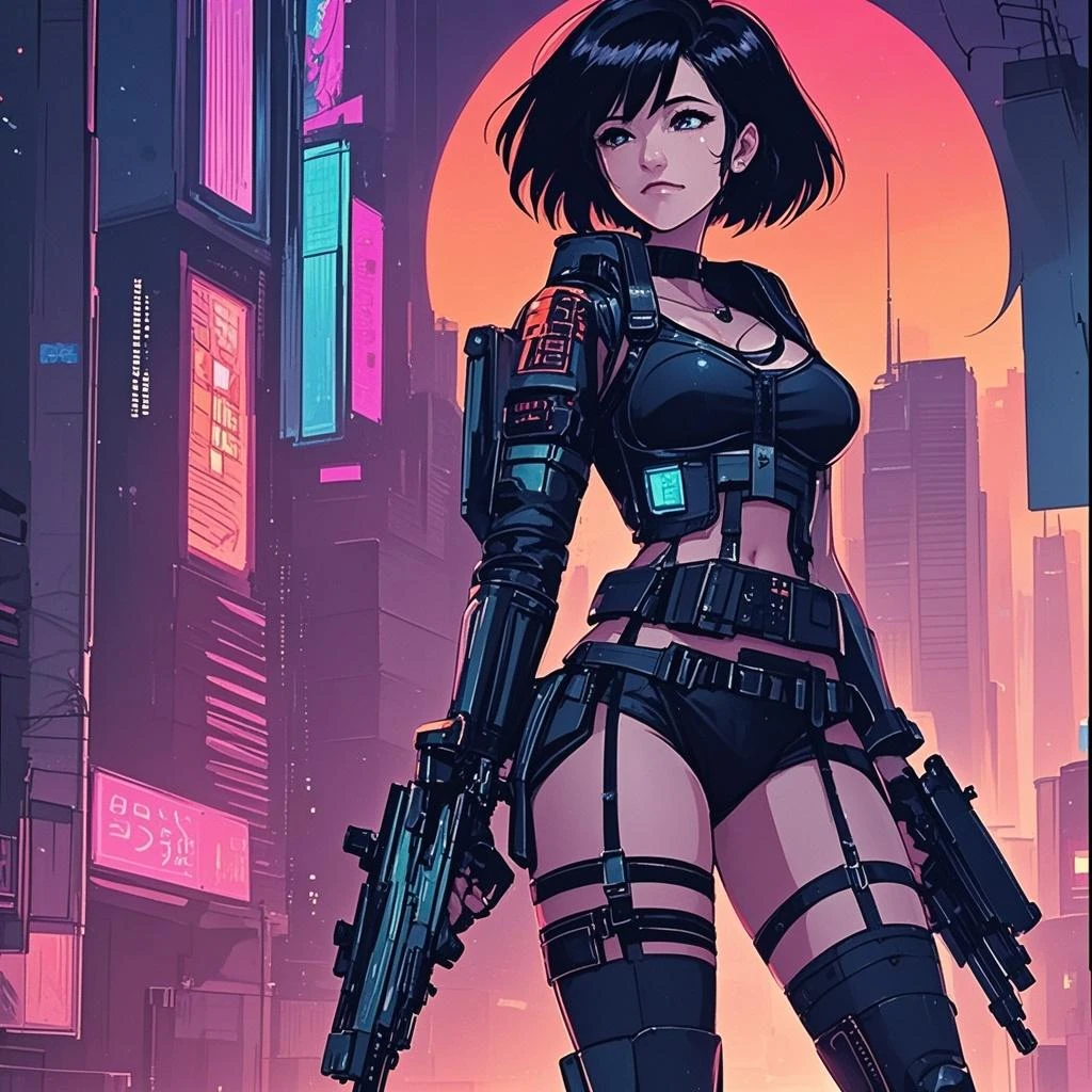 a female cyborg,battle stance,battle position,skimpy costume,cosplayer,colourful jacket,cloak,pussy,busty,pubic hair,glamour,psychedelic tone,armored,A Cyberpunk dystopian girl,fantasic dystopia,dystopian scape,bladerunner,ghost in the shell,photorealistic,psychedelic colourful tone,posing,armed,guns,weapons,masterpiece,detailed,8k,Nsfw,MILF,octane render,detailed Cyberpunk background