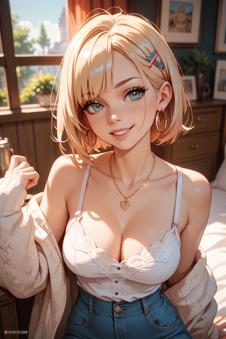 absurderes, ultra-detailliert,bright colour, extremely beautiful detailed anime face and eyes,Indoors, gaze at the audience,(You can see the starry sky from the window:1.2),(Relaxed smile:1.4), bow ribbon, window,plant,Chair,Bangs,The table, Clothes, Jacket, Long sleeves, Potted plants, blur, White jacket, Open your stylish bra a little and take a look.:1.3),cups, From the side, feet outside the frame, depth of fields, 25 years old,Short hair, , asymmetrical bangs, Blonde hair with short twin tails, Shiny hair, Delicate beautiful face, red blush、Blue eyes, White skin, hair clips, earrings, a necklace,nighttime scene
