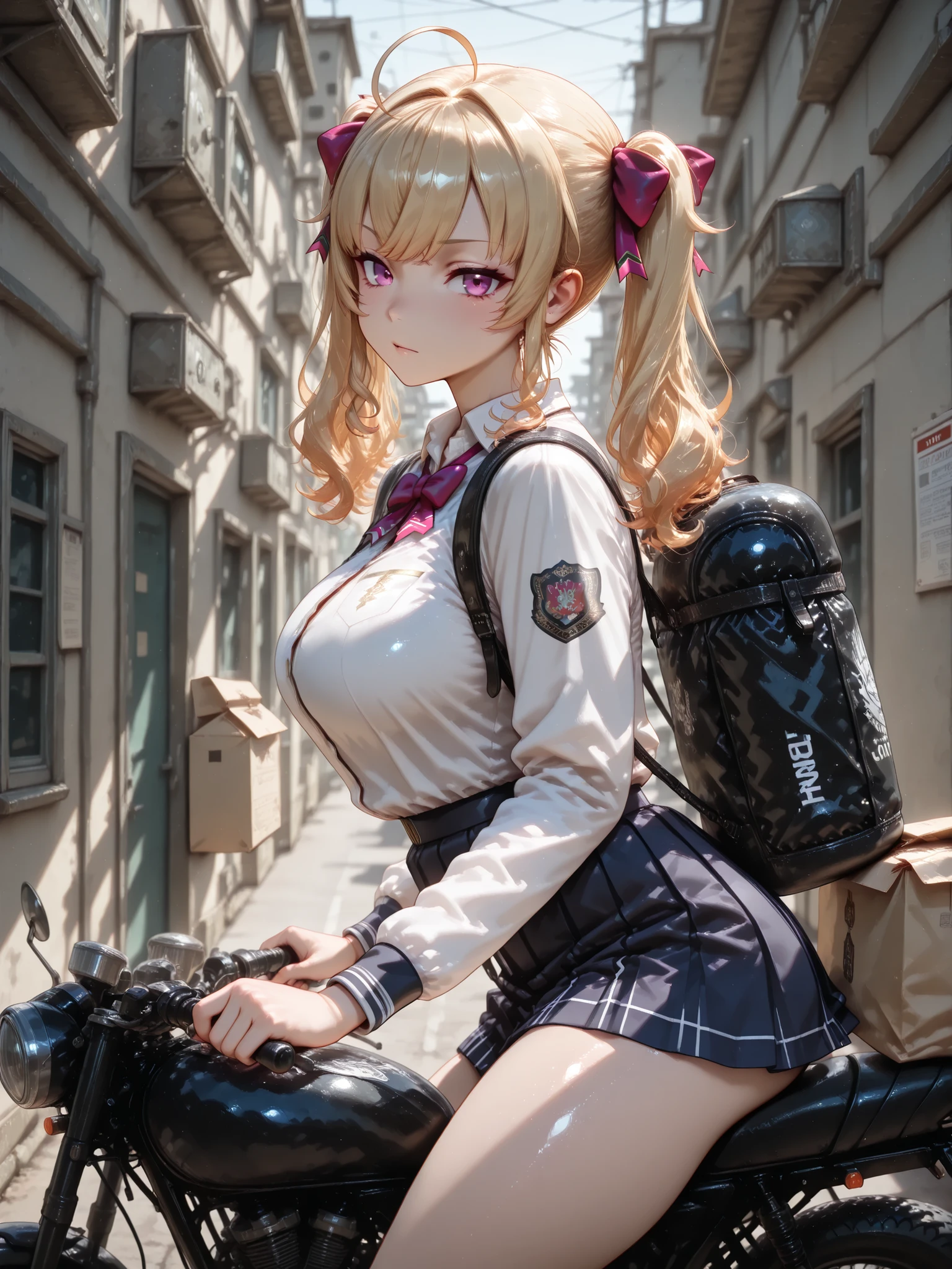 masterpiece, best quality, amazing quality, Very aesthetic,
1 maiden, One, takamiya rion, nijisanji, Twintails, Purple eyes, blond hair, medium chest, Dark_ Art _style,
detailed school uniform, detailed ,
shiny skin, on a motorcycle
city, from the side, cowboy shot, dutch corner,
Motorcycle riding, Mail delivery in an iron bag, ,