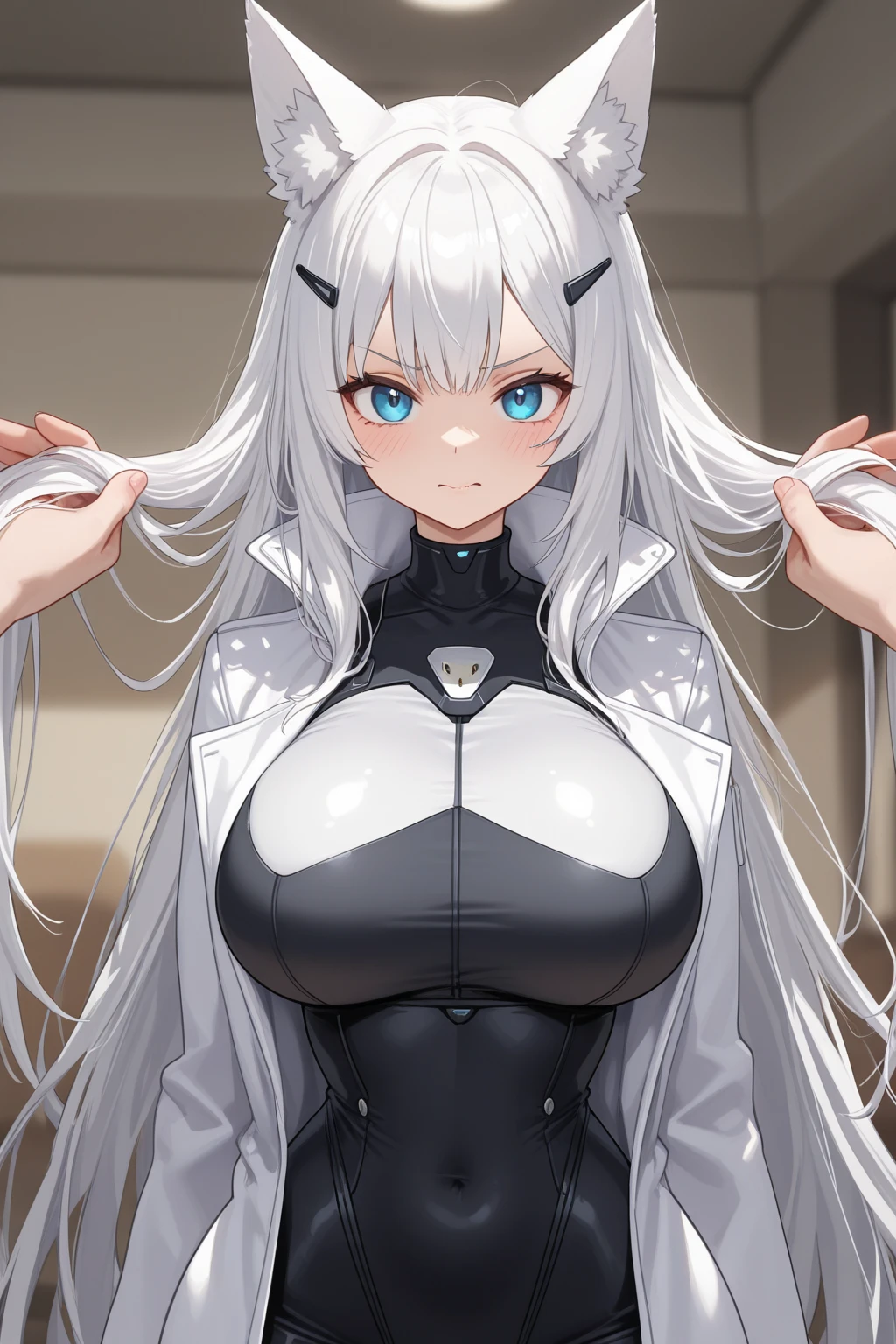 Masterpiece, High quality, High quality of art, anime lineart, 1girl,white hair, black eyes, white eyebrow, red eyeshadow, Tall, black cyber clothers, light gray cyber pants, big hips, big chest, very blush, white hearts in eyes, in future base, looking at viewer, smile, white skin