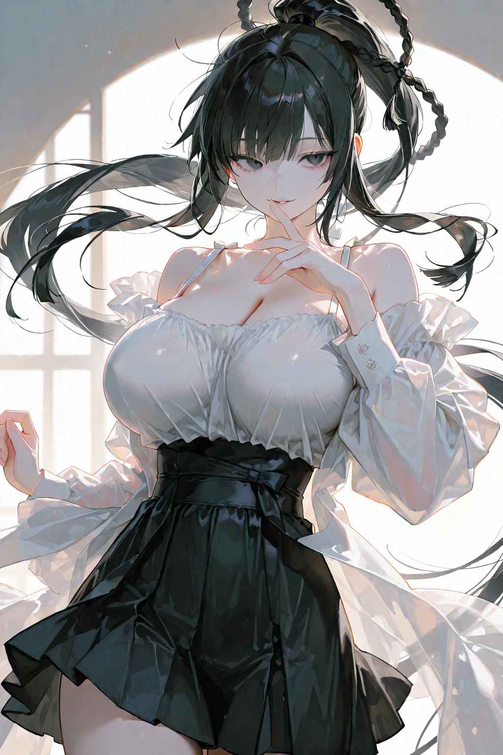 score_9,score_8,score_7,score_8_up,score_7_up an anime of a sexy animated woman leaning back and in a black bikini, 1girl, breasts, hair over eyes, solo, armpits, animal ears, long hair, arm up, smile, sideboob, gloves, large breasts